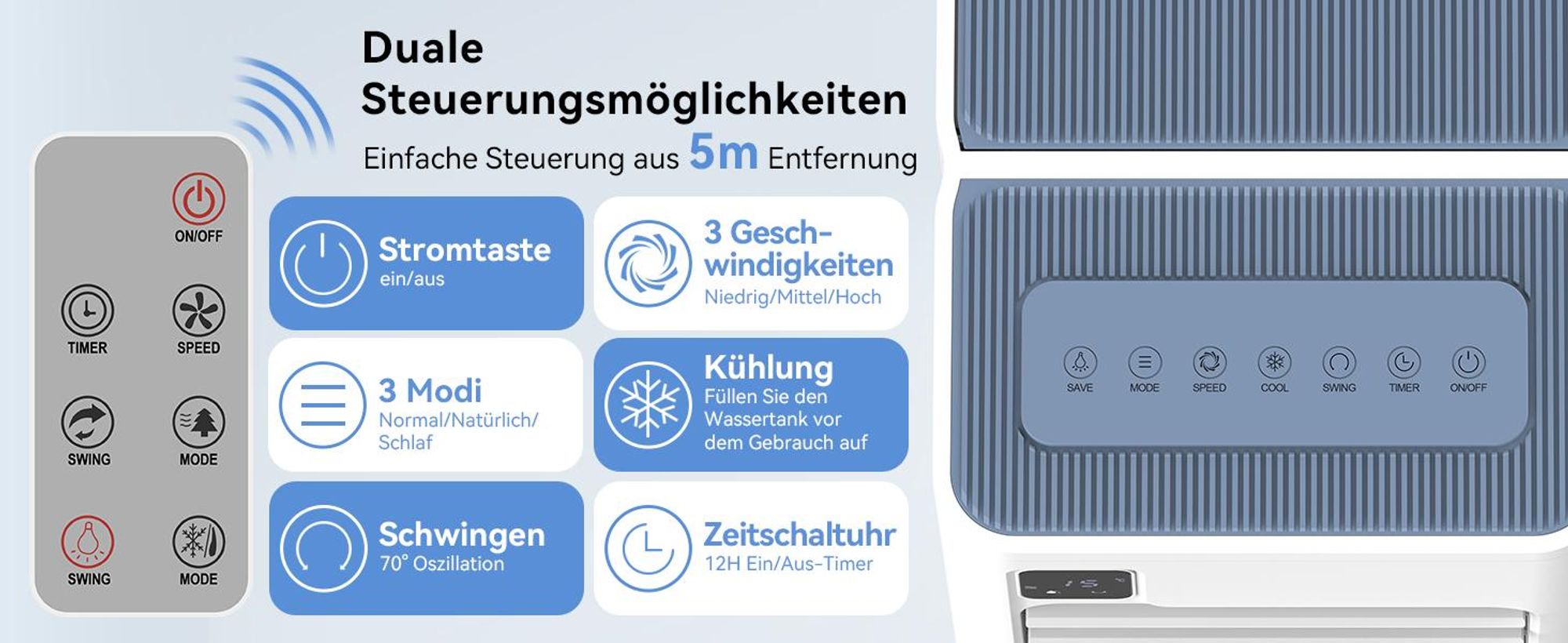 Puluomis 3 in 1 Luftkühler mit 3 Geschwindigkeiten 8L, 12h Timer und Fernbedienung Ventilator mit Wasserkühlung Mobile Klimageräte für bis zu 25m²