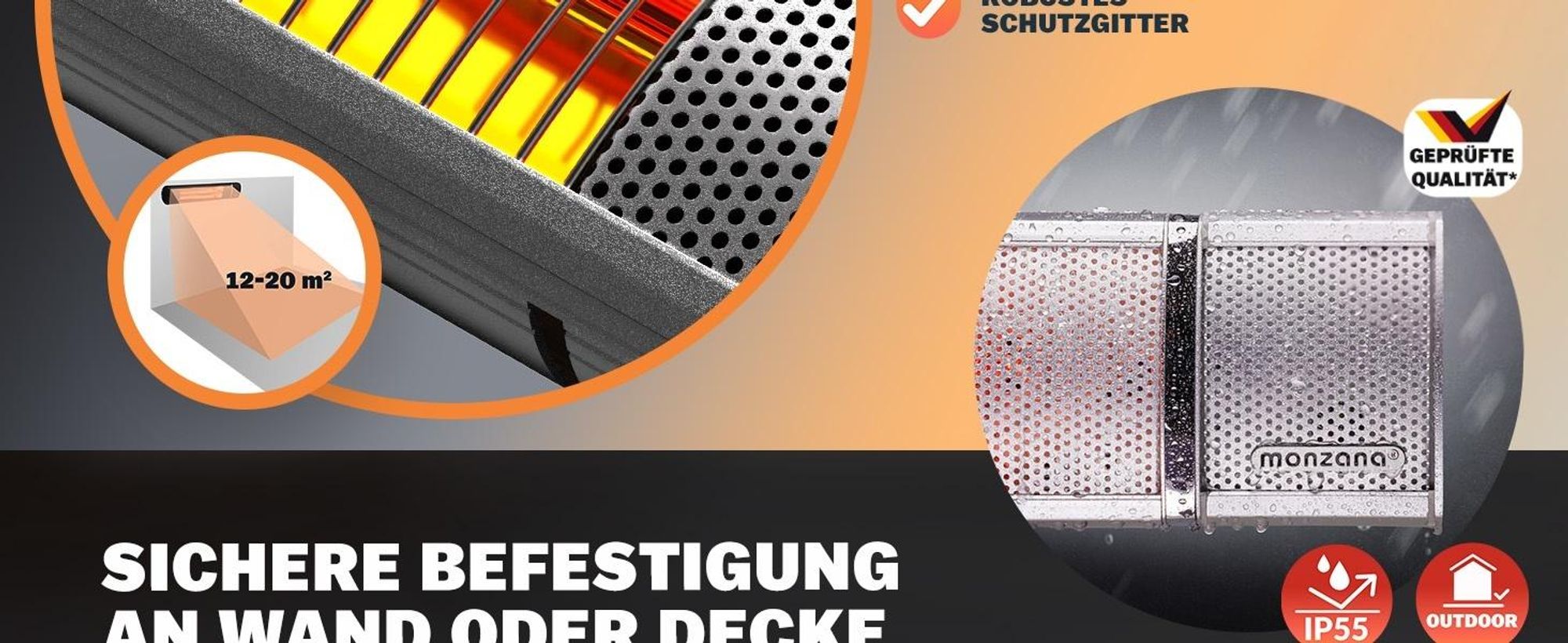 MONZANA® Infrarot Heizstrahler Goldröhre 3000W App Steuerung 3 Stufen Fernbedienung Outdoor Wärmestrahler Terrassenheizer Terrassenstrahler Silber