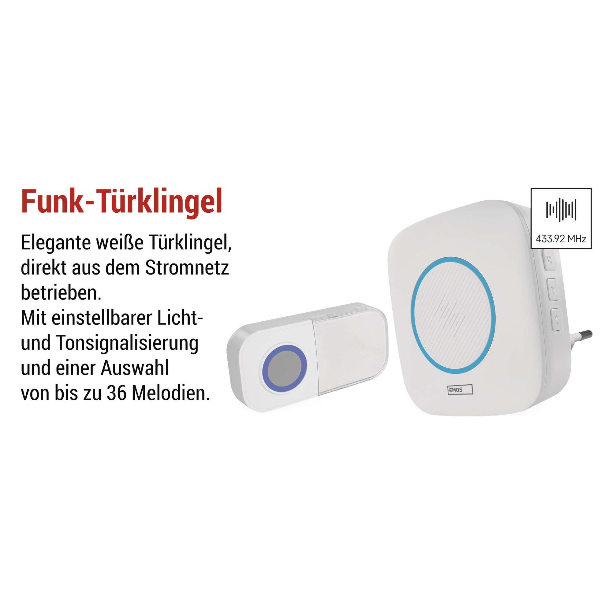 EMOS Türklingel/Set mit wasserdichtem Klingelknopf, 36 Melodien, farbige Signalisierung, 150m Reichweite, 90 dB, Plug-In/Batteriebetrieb, weiß, P5737