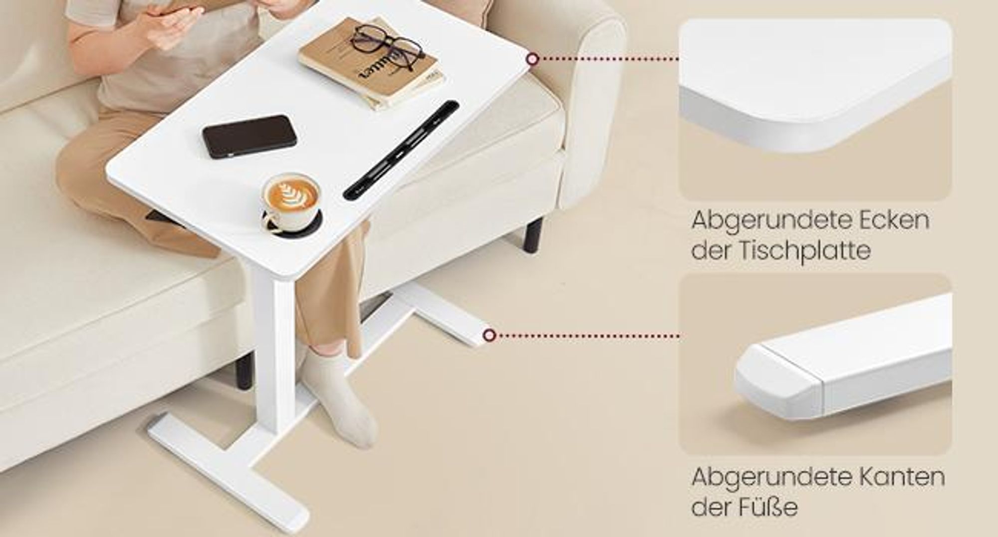 VASAGLE Beistelltisch mit Rollen, mobiler Stehtisch, verstellbare Höhe, 2 Getränkehalter, Schlitz