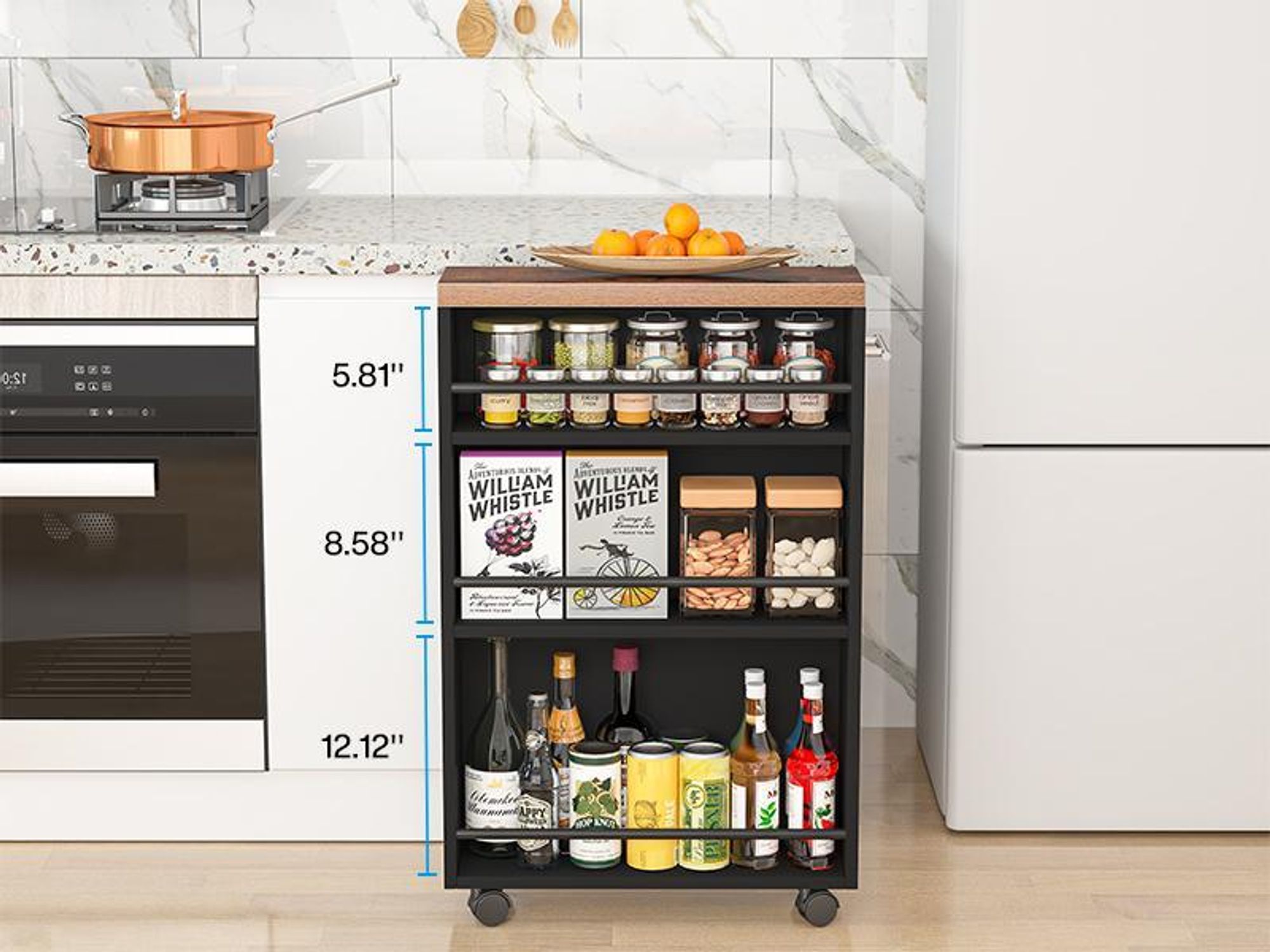 Tribesigns, carro estrecho con ruedas, carro de cocina de 4 niveles, organizador de ropa para el baño con asa, ideal para espacios reducidos, cocina, lavadero, color negro