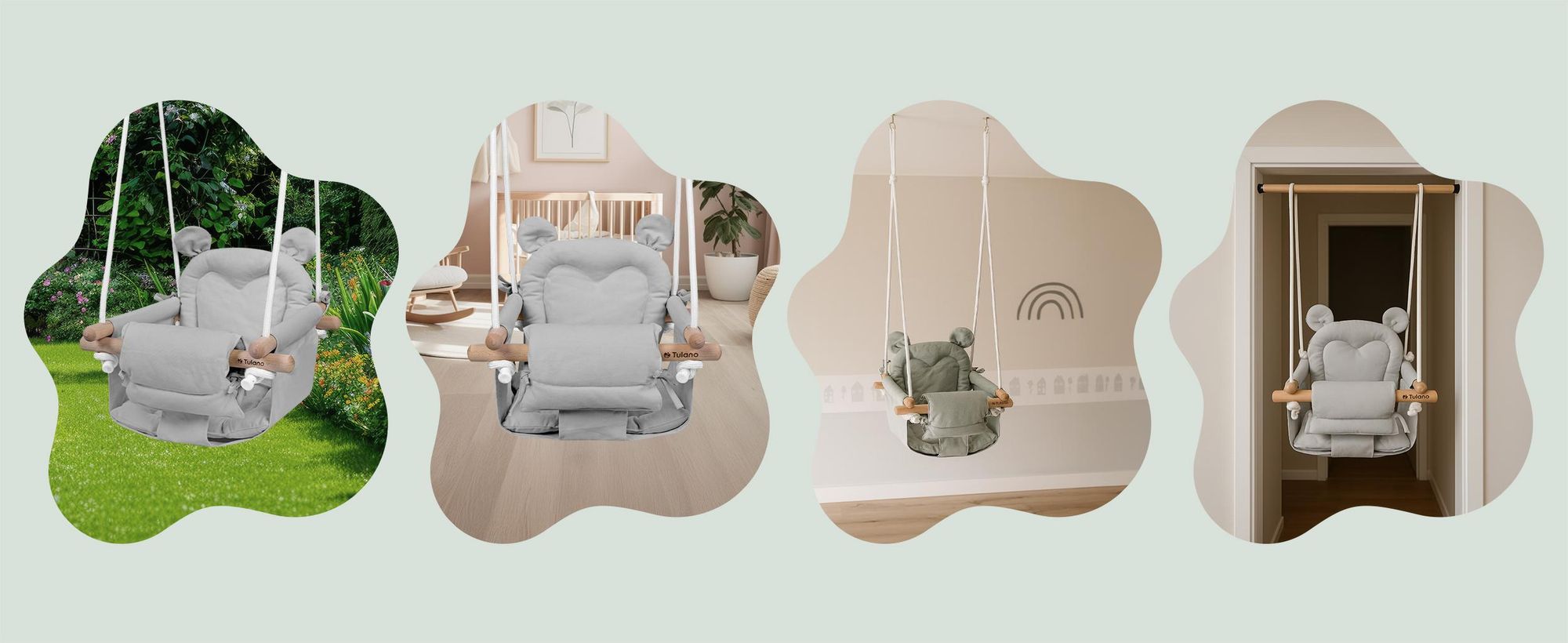 Tulano Hop 30 | Bär Babyschaukel Kinderschaukel | Indoor Outdoor | Sicherheitsgurt | Tragfähigkeit bis 60kg | von 6 bis 36 Monaten | aus Holz | Grau