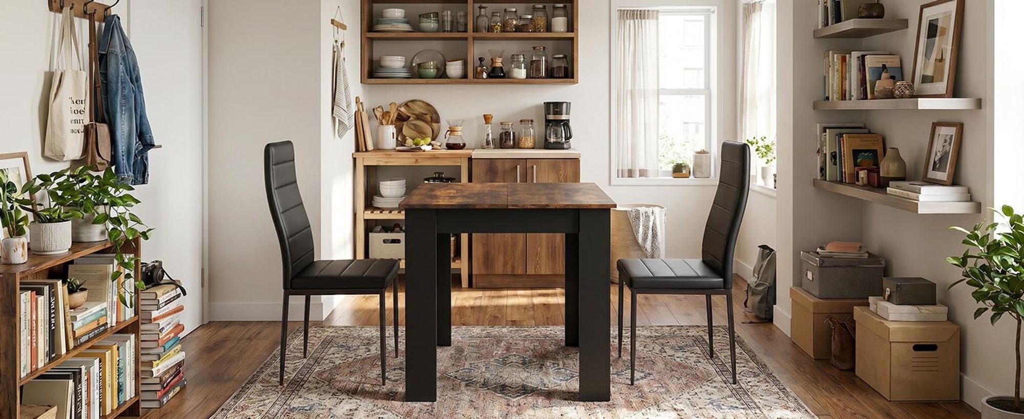 Mondeer Quadratischer Esstisch 80x80 cm, Platzsparender Küchentisch für 2-4 Personen, Modernes Design in Holzoptik & Schwarz, Stabile L-förmige Beine