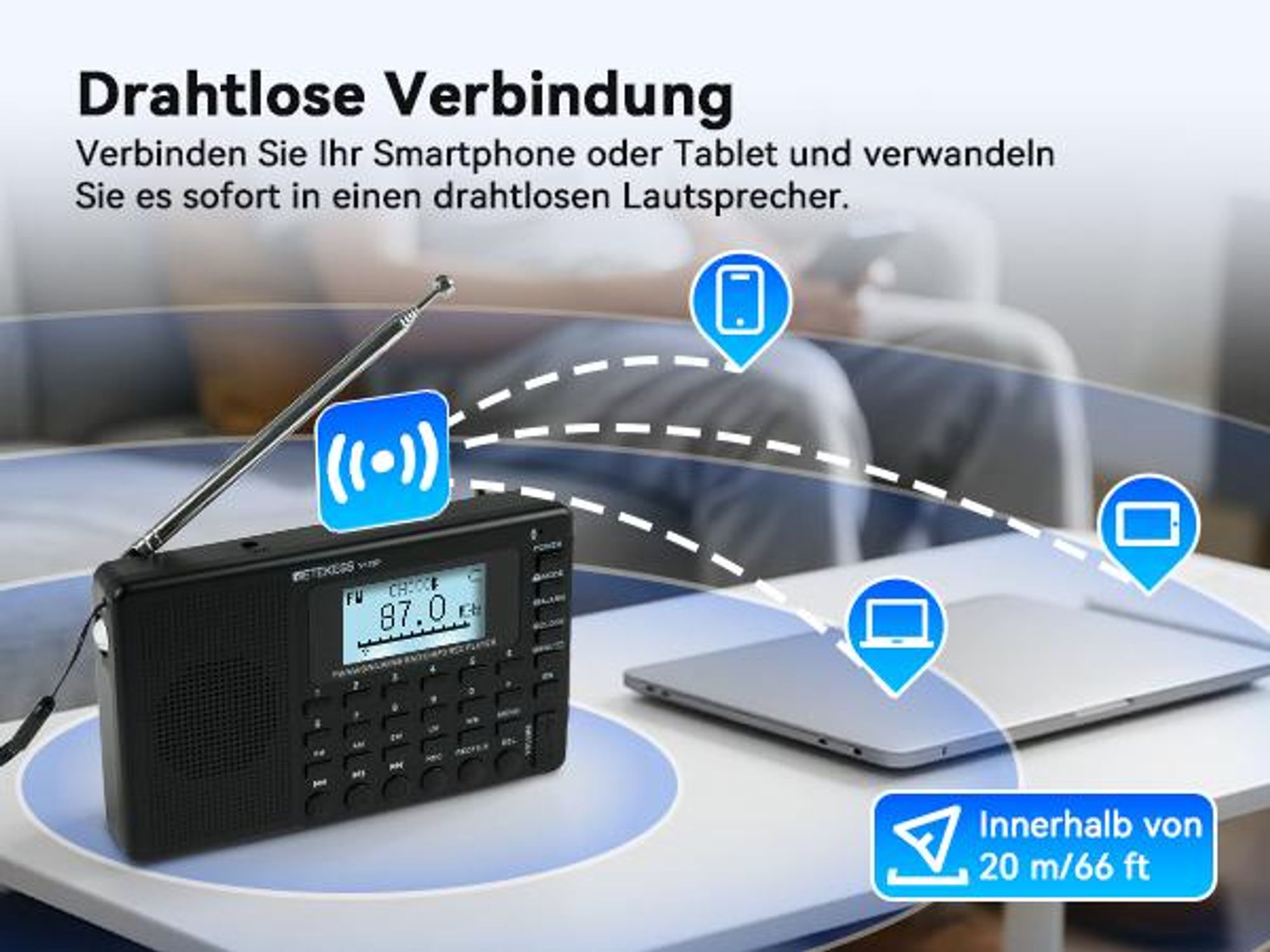Retekess V115P Tragbares Digitales Radio, AM FM SW LW WB, 1800mAh, Taschenlampe, TF/AUX, Aufnahme, Taschenlampe, Sleep-Timer,für Notfälle, Camping