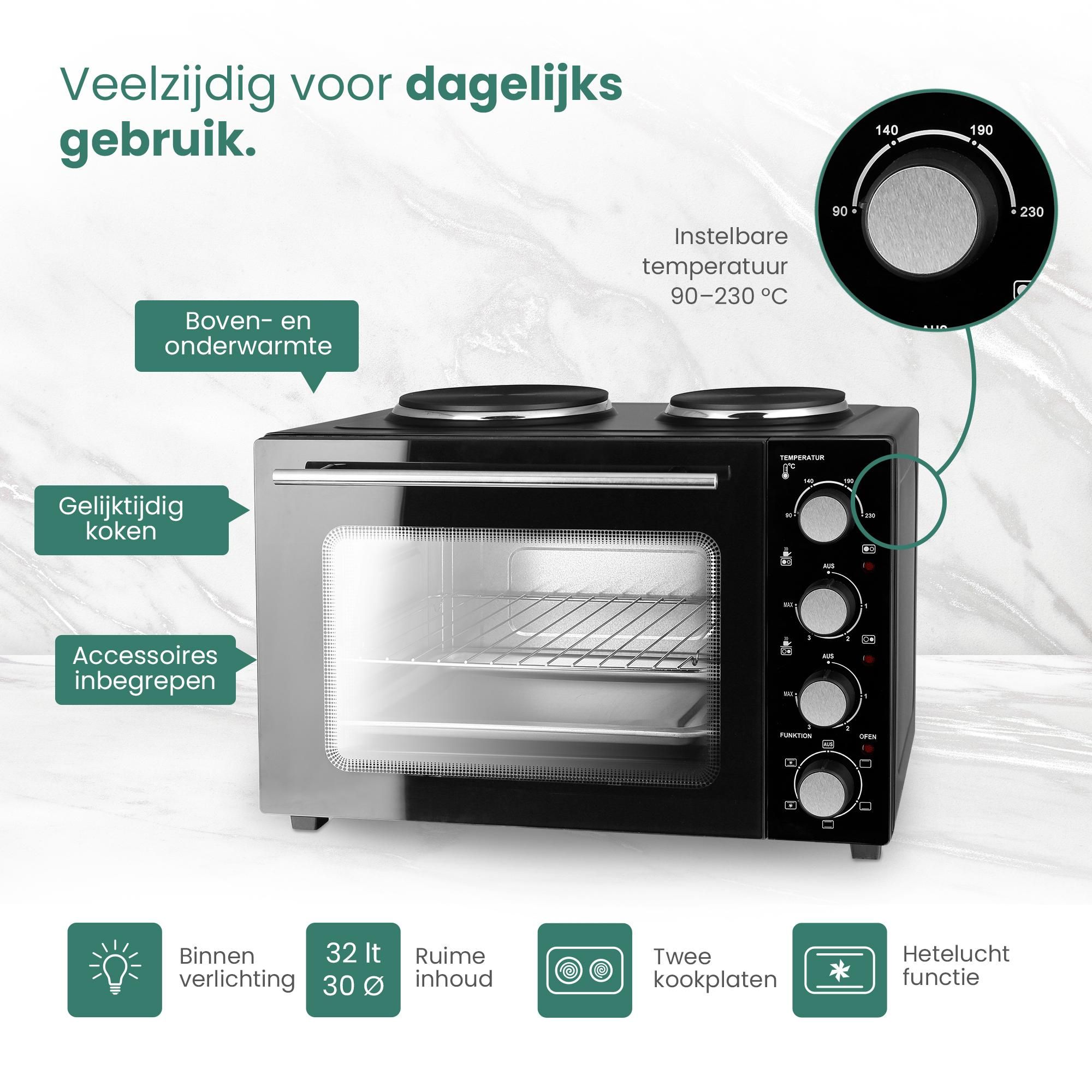 Emerio Minioven – 2 Kookplaten – 90–230 °C – Boven- en Onderwarmte – Heteluchtfunctie – Binnenverlichting – Ovenrooster + Bakplaat – MO-125236.4