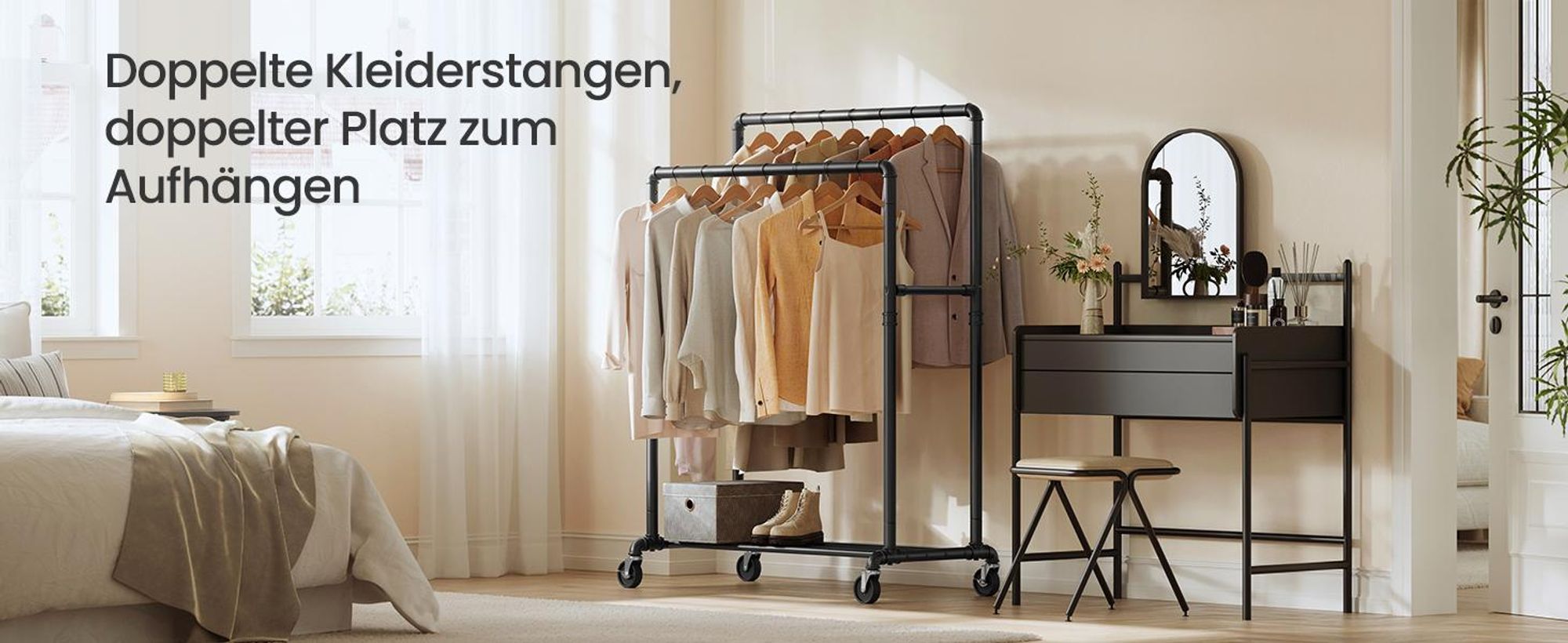 SONGMICS Kleiderständer mit Rollen 2 Kleiderstangen und Ablage