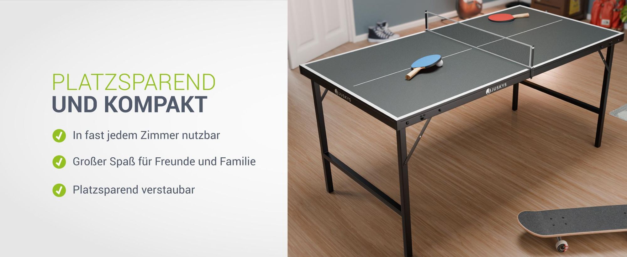 Juskys Mini Tischtennisplatte Flexi mit Zubehör - klappbar - Zuhause & unterwegs - Schwarz
