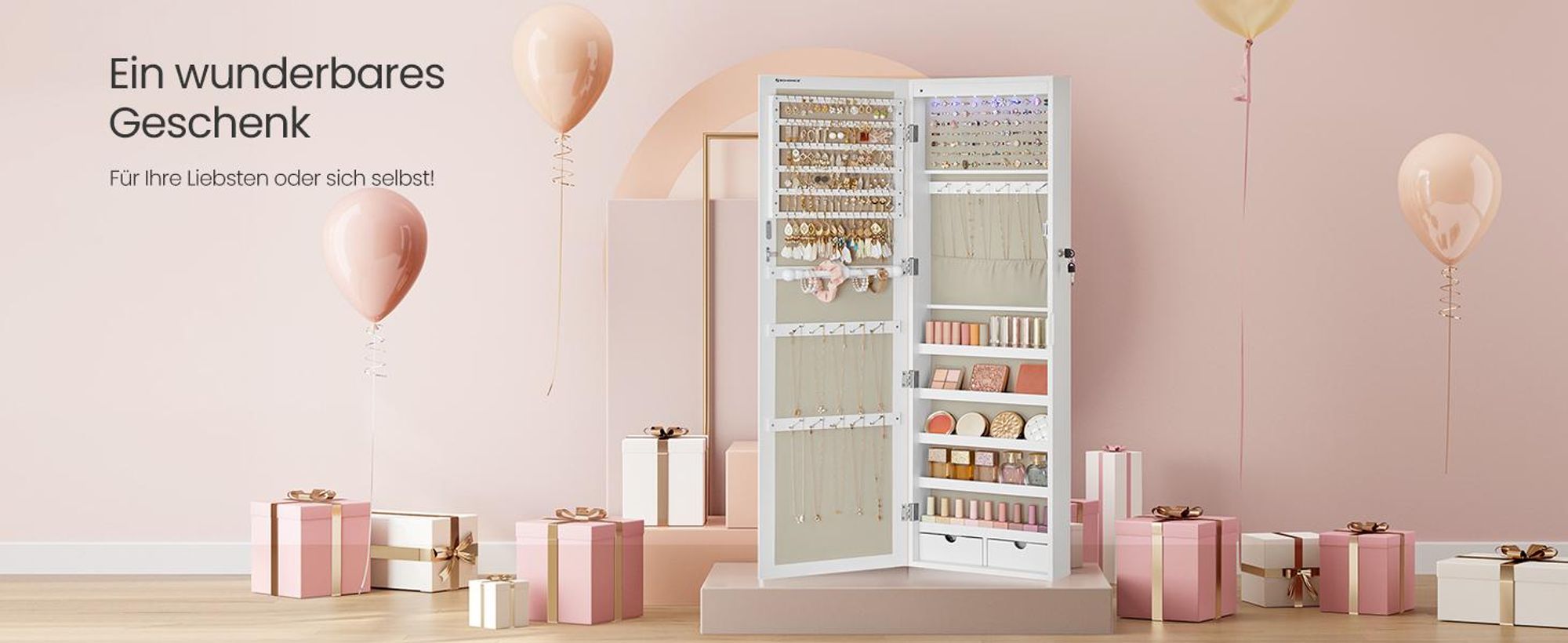 SONGMICS Schmuckschrank hängend, Wandspiegel, 6 LED-Glühbirnen, abschließbarer Spiegelschrank, Wandschrank, Wandmontage, an der Tür hängend, weiß mit Holzmaserung-beige CJJ093W01