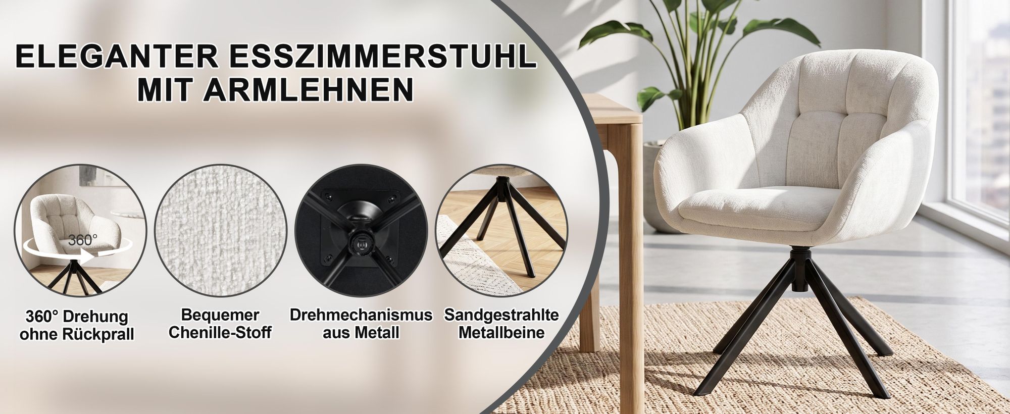 Duhome Loungesessel 360° Drehbar Armlehnstuhl aus Chenille-Stoff Schminktischstuhl mit Metallgestell Esszimmerstuhl, Beige