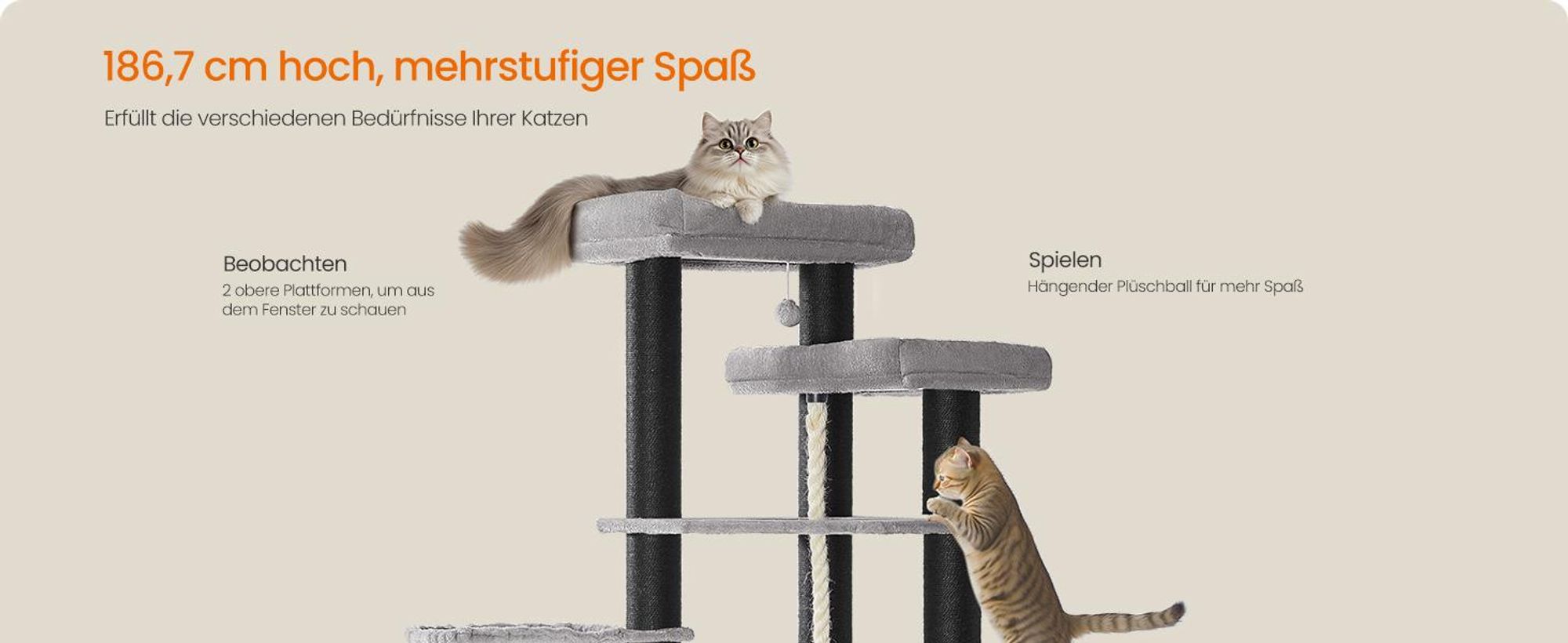 FEANDREA Kratzbaum 186 cm, Katzenbaum für große katzen, 13 dicken Säulen (11 cm d), stabil, Kippschutz, Tintenschwarz