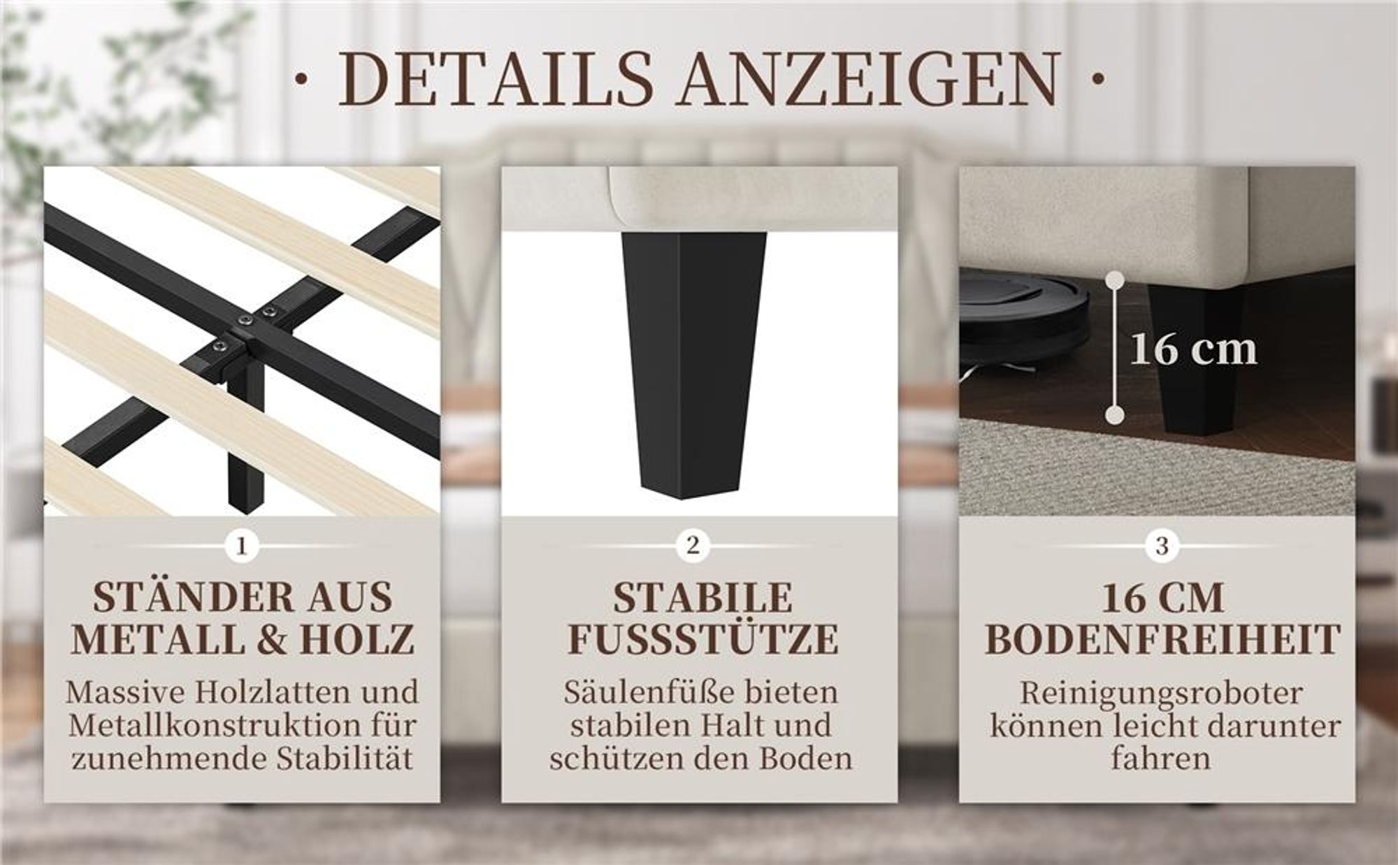 Yaheetech Polsterbett mit höhenverstellbarem Kopfteil Doppelbett 140×200cm Stoffbett Jugendbett Gepolstertes Bett Bettrahmen mit Lattenrost Beige
