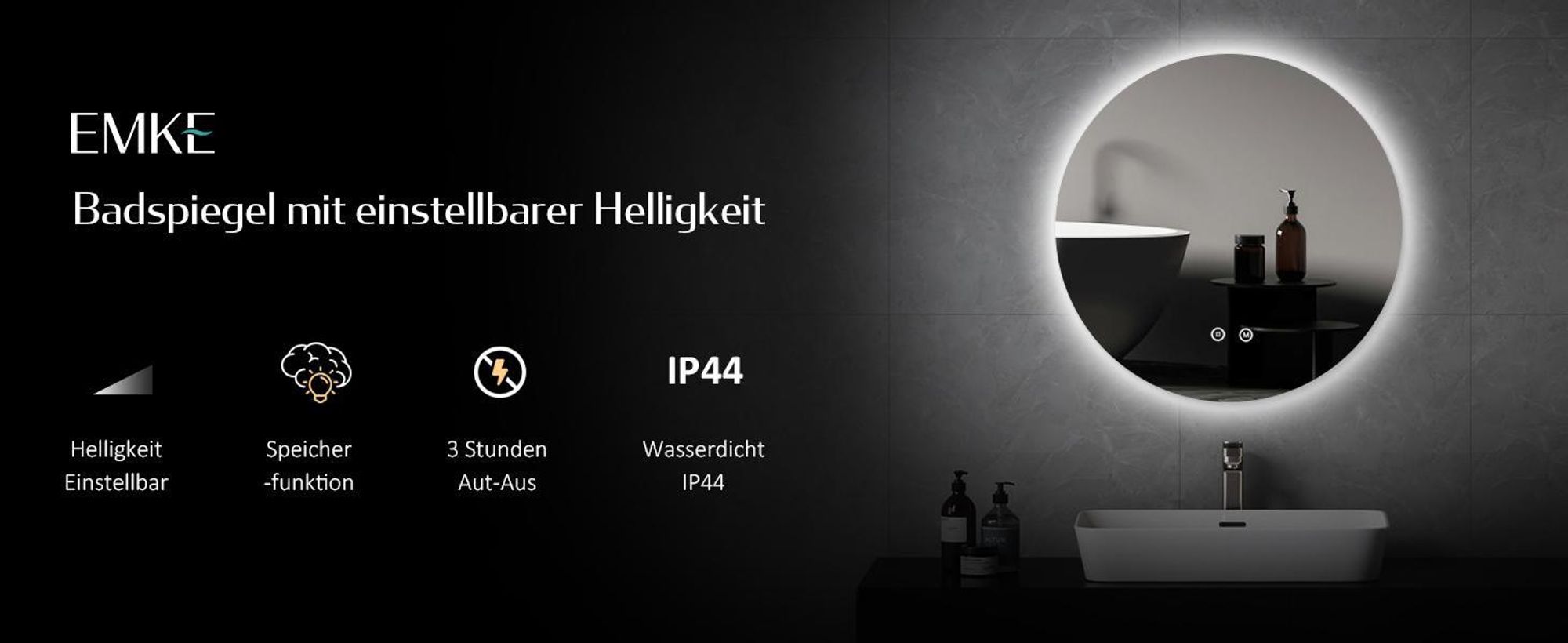 EMKE LED Badspiegel Rund 60 cm LED Spiegel Badezimmerspiegel mit Beleuchtung Kaltweiß Lichtspiegel Wandspiegel mit Touchschalter IP44 Energiesparend