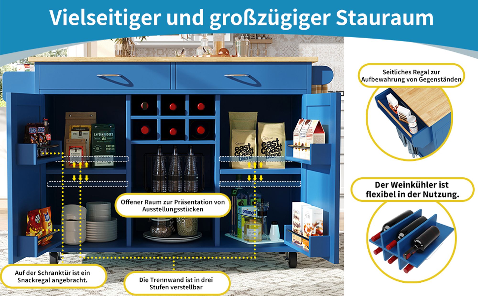 Flieks Servierwagen mit Weinkühler, Moderne Kücheninsel, Küchentrolley Küchenschrank, Speisewagen mit Schubladen und Handtuchhalter, Blau