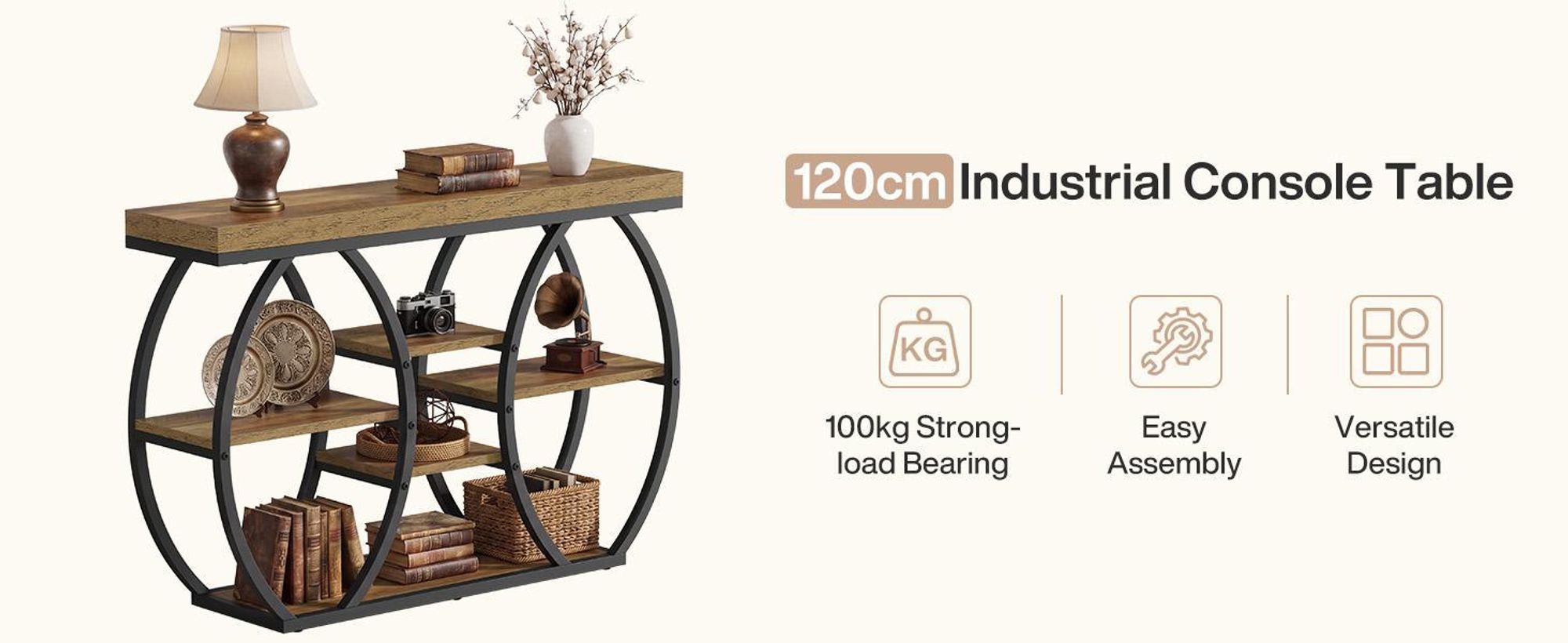 Tribesigns console tafel van 120 cm, in landelijke stijl, geschikt voor de entree. Smalle salontafel met 4 niveaus, in industriële stijl, voor woonkamer en hal