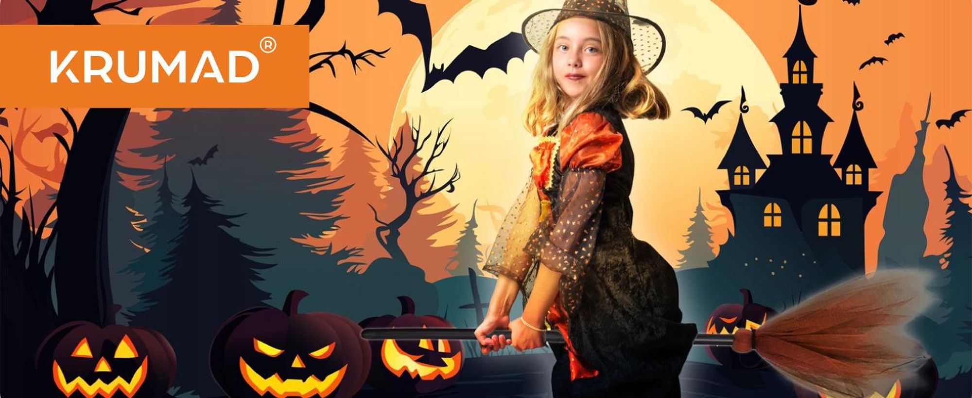 KRUMAD Hexenbesen Orange 87 cm – zusammenklappbar, leicht & stabil, Kostüm Zubehör für Kinder & Erwachsene, Halloween & Karneval