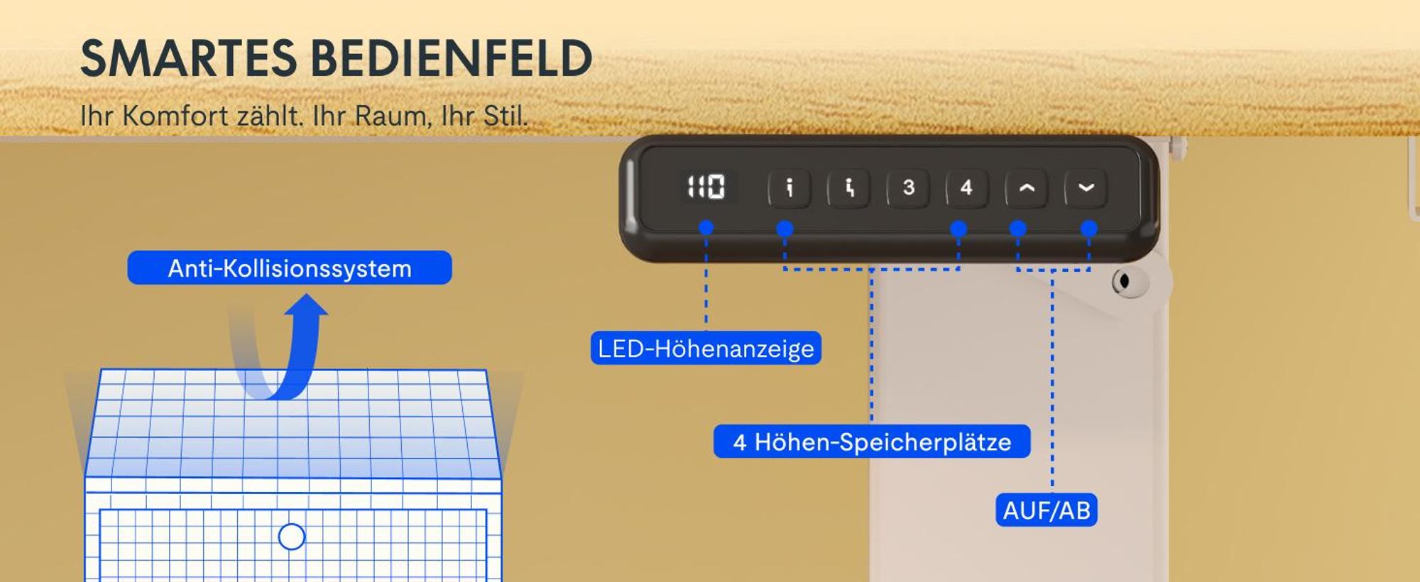 FLEXISPOT QE1 Höhenverstellbarer Schreibtisch 120x60cm EINTEILIGE TISCHPLATTE, 4 Memory-Funktion, Antikollisionsschutz, Haken & Kabelmanagement(Ahorn)
