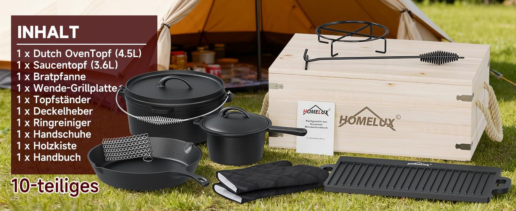 HOMELUX 10-teiliges Dutch Oven Set in Holzkiste, Kochtopf, Pfanne, Saucentopf, Wende-Grillplatte, Handschuhe, Stapelrost, Ringreiniger, Deckelheber