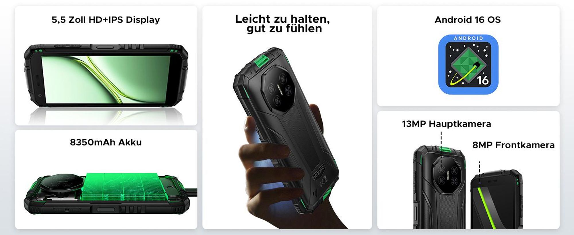 DOOGEE Fire 3 Outdoor Smartphone Handy, 4G, Android 16, IP68/IP69K, 5,5" HD+, 8350mAh, 12+64GB, 13MP, NFC, Gesichtserkennung, ohne Vertrag
