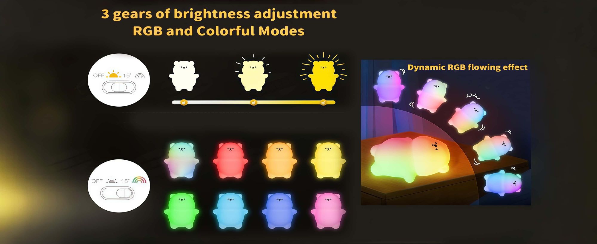 LED Bär-Nachtlicht,7 Farben,3 Dimmstufen,USB,Touch-Steuerung, Still-licht mit Timer,Silikon Nachtlampe Baby,Augenschutz-lampe,Geschenke für Kinder