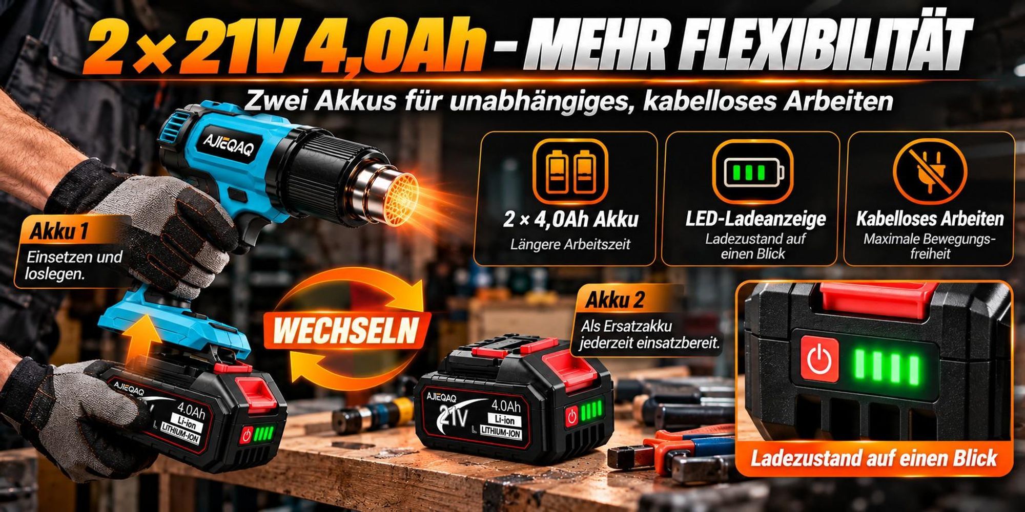 Akku Heißluftpistole 21V 2000W mit 2×4,0Ah Akku, Heißluftgebläse 300/550°C, 250/500 L/min, 2 Stufen, 3 Düsen & Koffer