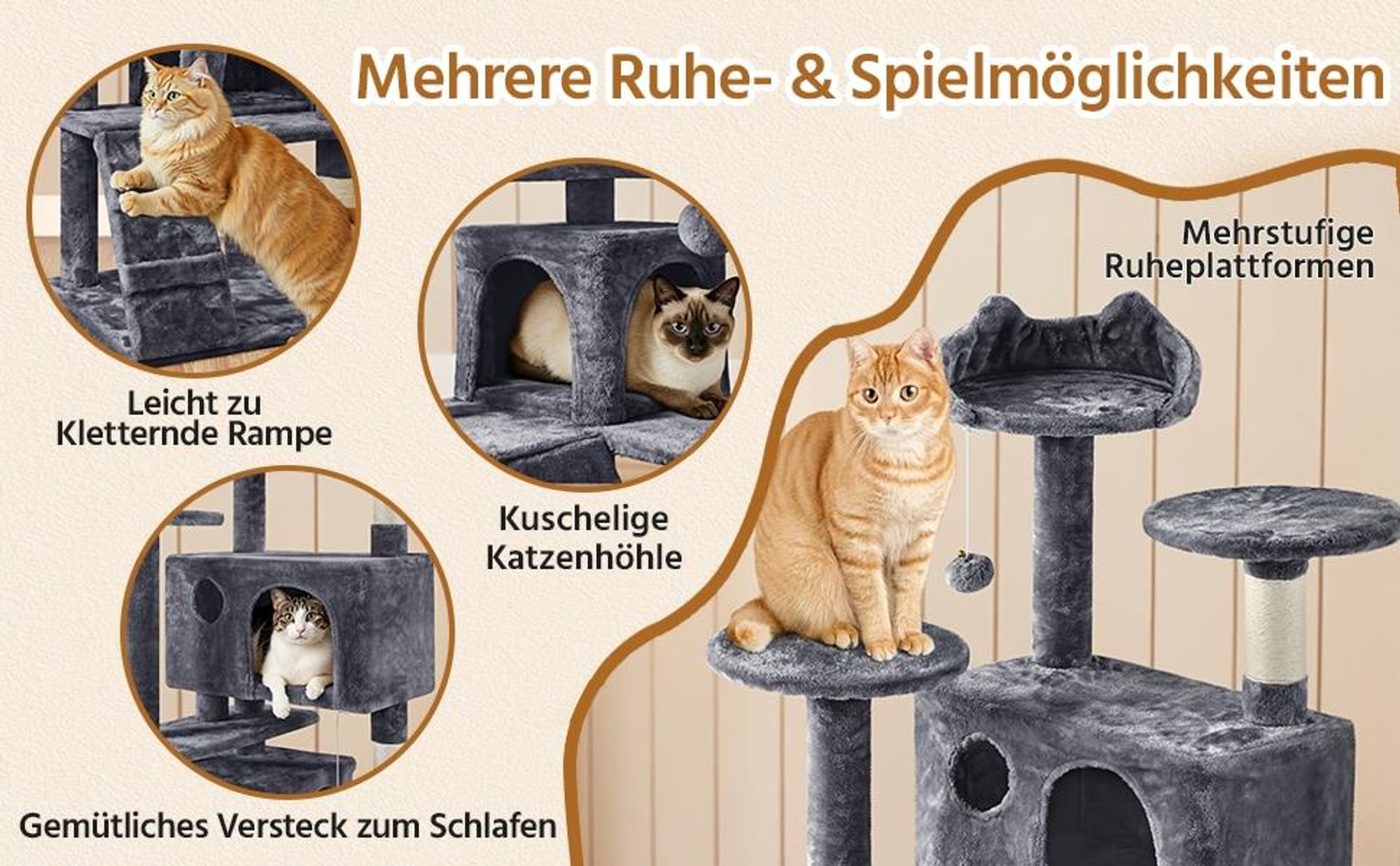 Yaheetech Kratzbaum Katzenbaum Stabiler Katzenkratzbaum Katzenmöbel, Kletterbaum für Katzen Höhe 158 cm, Dunkelgrau