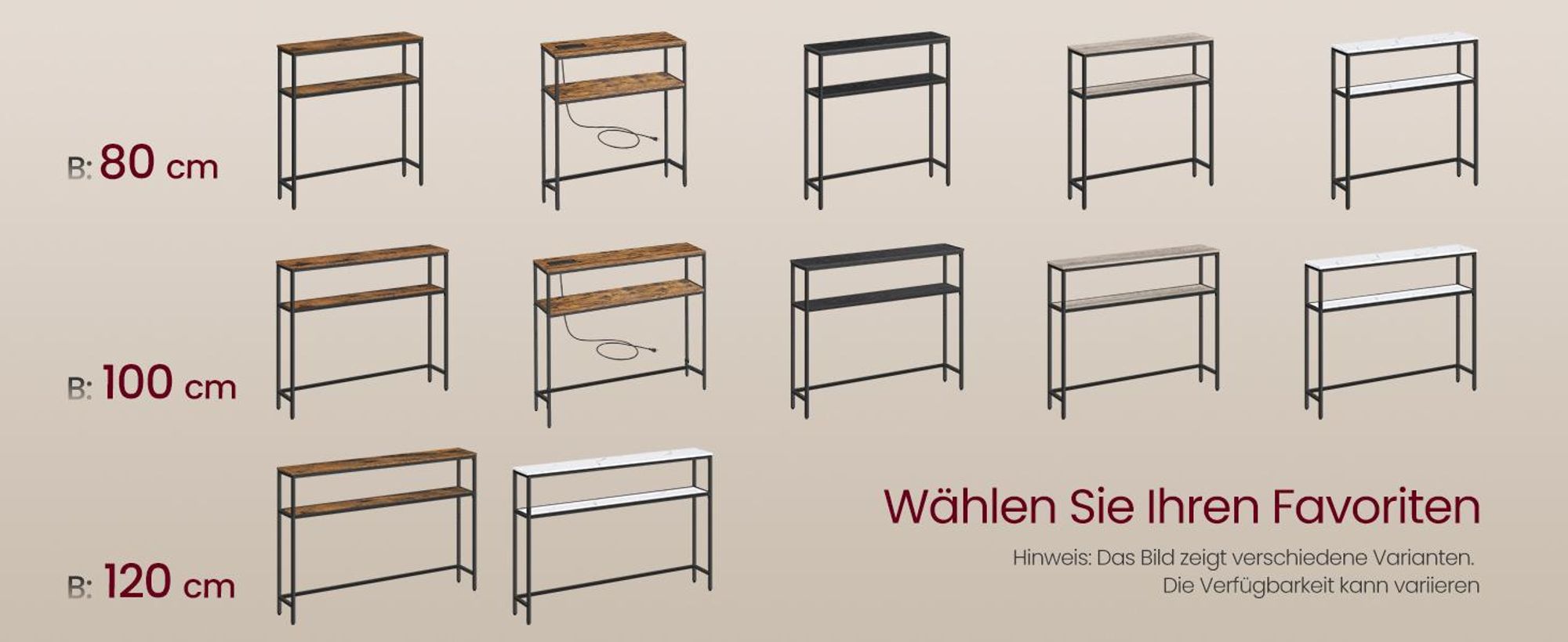VASAGLE Konsolentisch, schmaler Sofatisch, Flurtisch mit Ladestation, 20 x 80 x 80 cm
