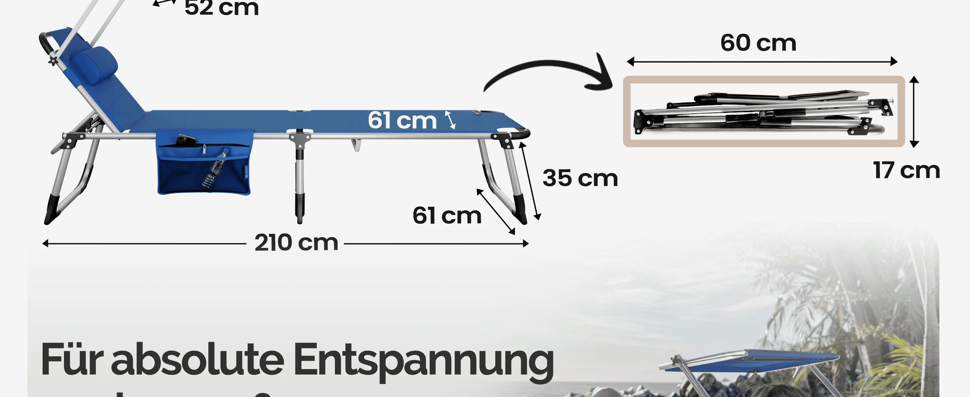 CASARIA® Sonnenliege Klappbar 180kg Belastbar Seitentasche Abnehmbar Wetterfest Gartenliege mit Dach Kopfkissen Leicht Alu Liegestuhl Strandliege Blau