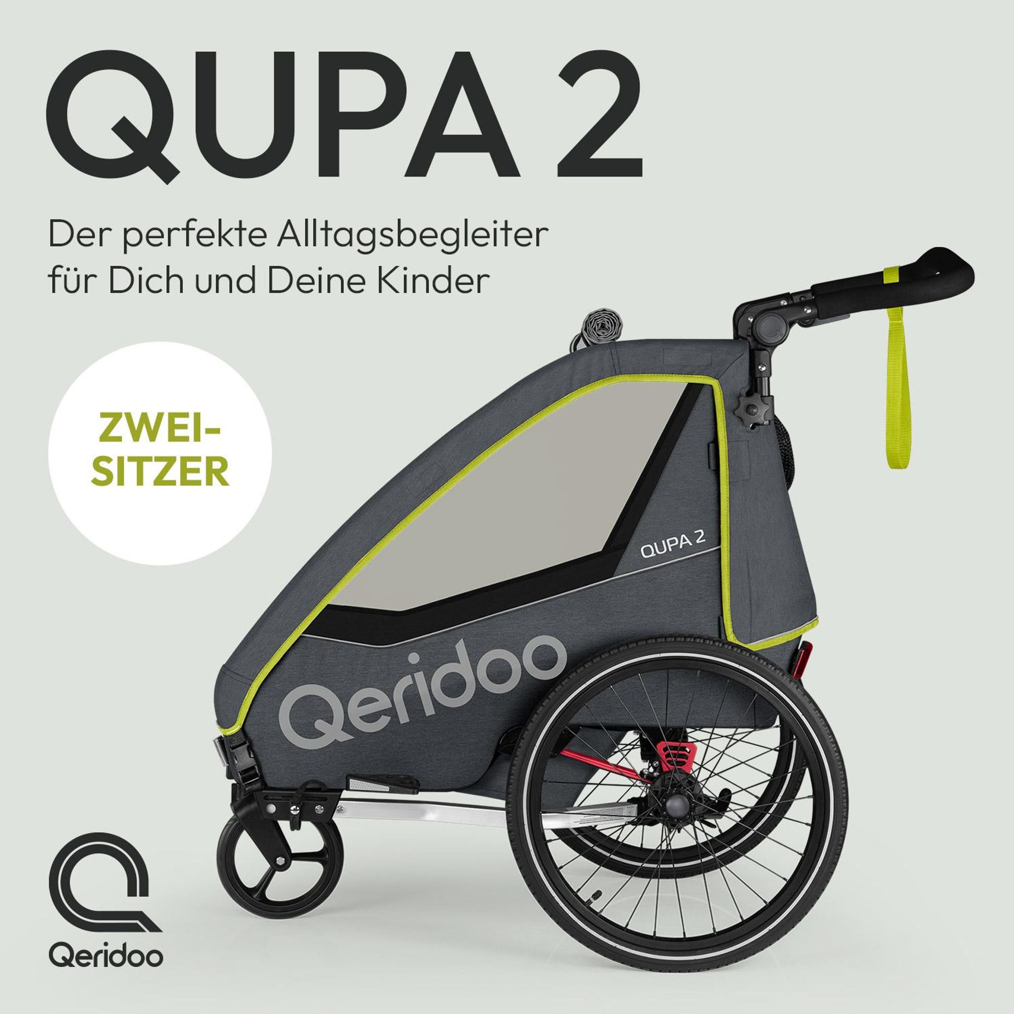 Qeridoo QUPA 2 - Kinderfahrradanhänger für 2 Kinder, Farbe: Lime