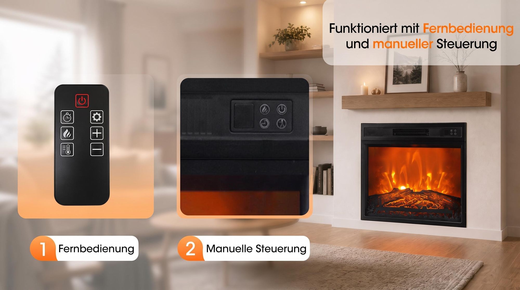 Parrot Uncle Elektrischer Kamin, 48.7cm, Schwarz, Einbau-Design, 1800W Heizung, Realistische Flammenoptik, Wohnzimmer & Schlafzimmer, Fernbedienung