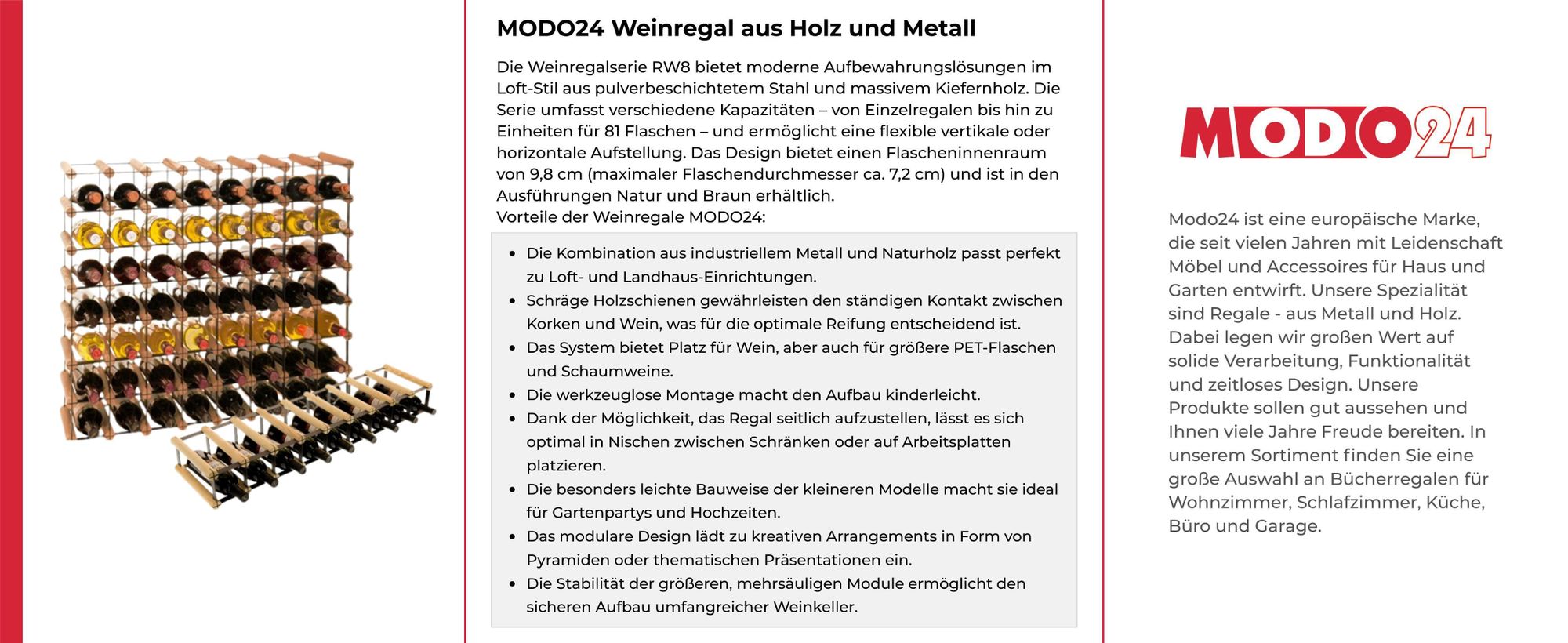 MODO24 Weinregal, 18 Flaschen, Flaschenhalter, Weinständer, Erweiterbar, Holz Metall, Industrial Loft, Küche, 32,5x62,5x25 cm, Braun, RW8