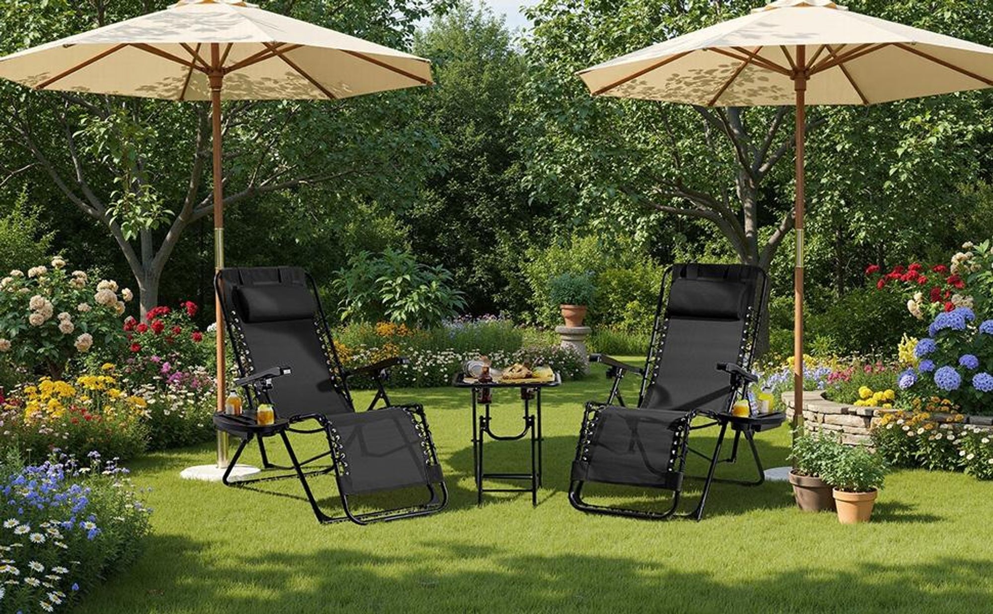 Yaheetech 3-tlg. Liegestuhl Set, inkl. 1 Beistelltisch & 2 klappbare Gartenliegen, mit Nackenkissen & Becherhalter & verstellbarer Rückenlehne