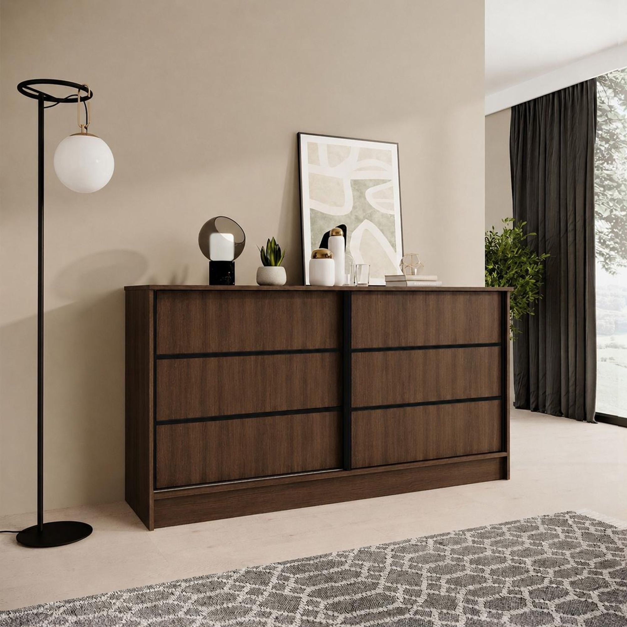 BEAUTYSOFA Kommode MIRELA 160 cm Warmia Walnuss, Sideboard mit 2 Schiebetüren, Highboard mit dekorativen Zierleisten, Moderne Anrichte, Viel Stauraum
