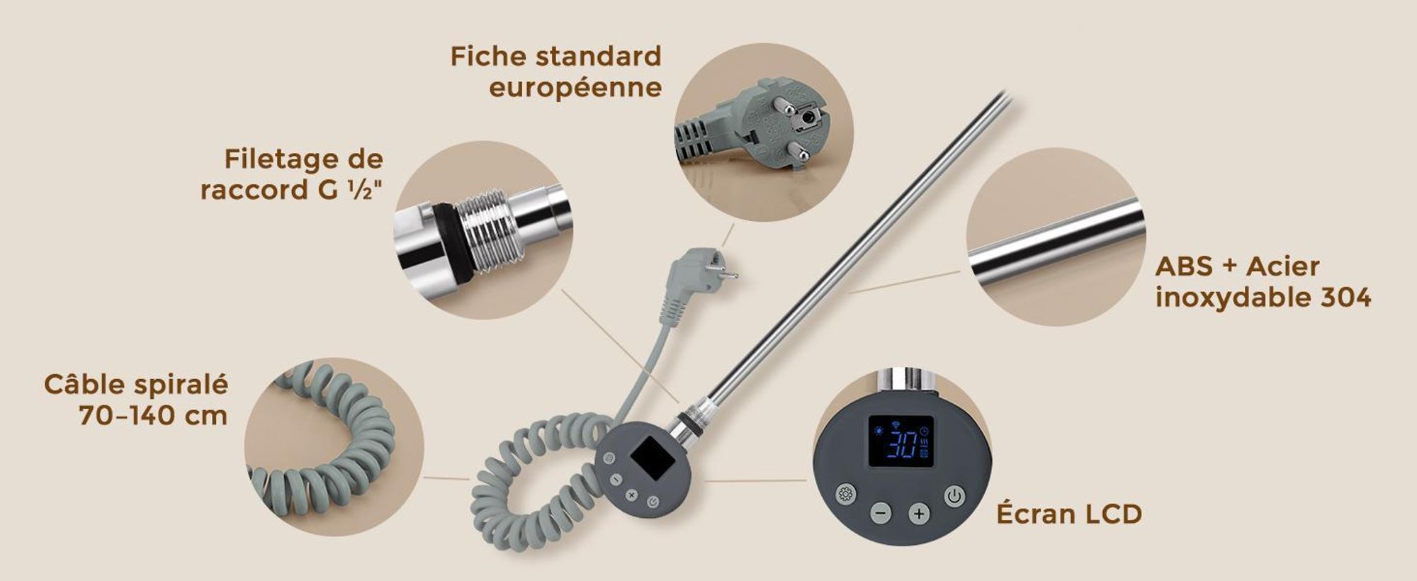 S'AFIELINA thermoplongeur avec thermostat 900W, minuterie programmable & affichage LCD, WiFi, pour radiateur de salle de bain, acier inoxydable, contrôle intelligent, anthracite