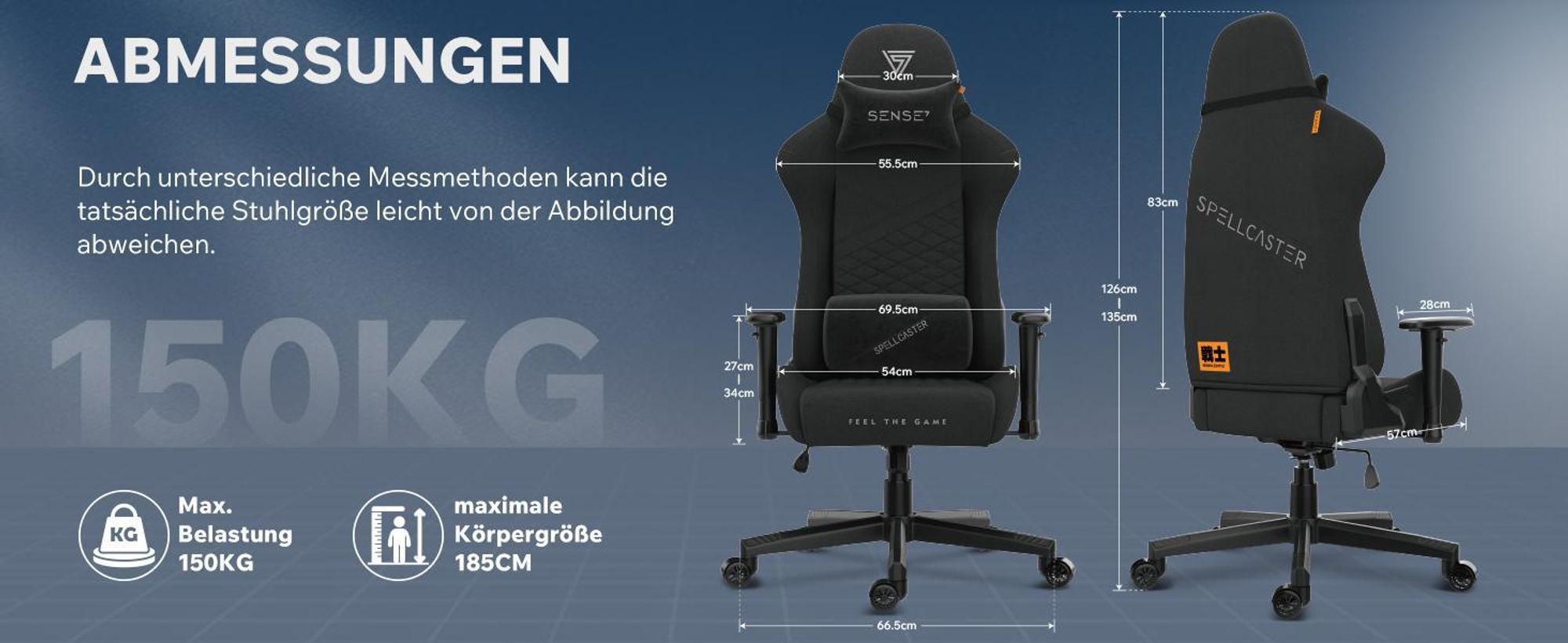 SENSE7 Spellcaster SENSHI Gaming Stuhl Stoff Schwarz - Ergonomischer Bürostuhl Schreibtischstuhl Zockerstuhl 150kg 2D-Armlehnen Chefsessel
