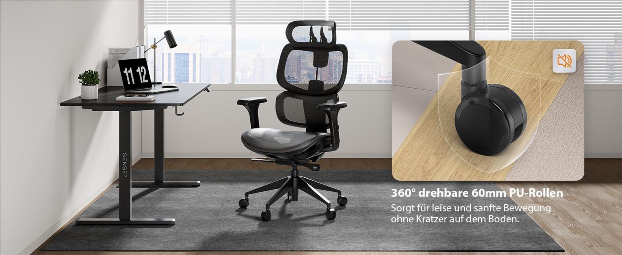 SENSE7 Nobu Ergonomischer Bürostuhl Schreibtischstuhl Schwarz mit 3D-Armlehnen Kopfstütze Netzrücken Wippfunktion Chefsessel Homeoffice 130 kg