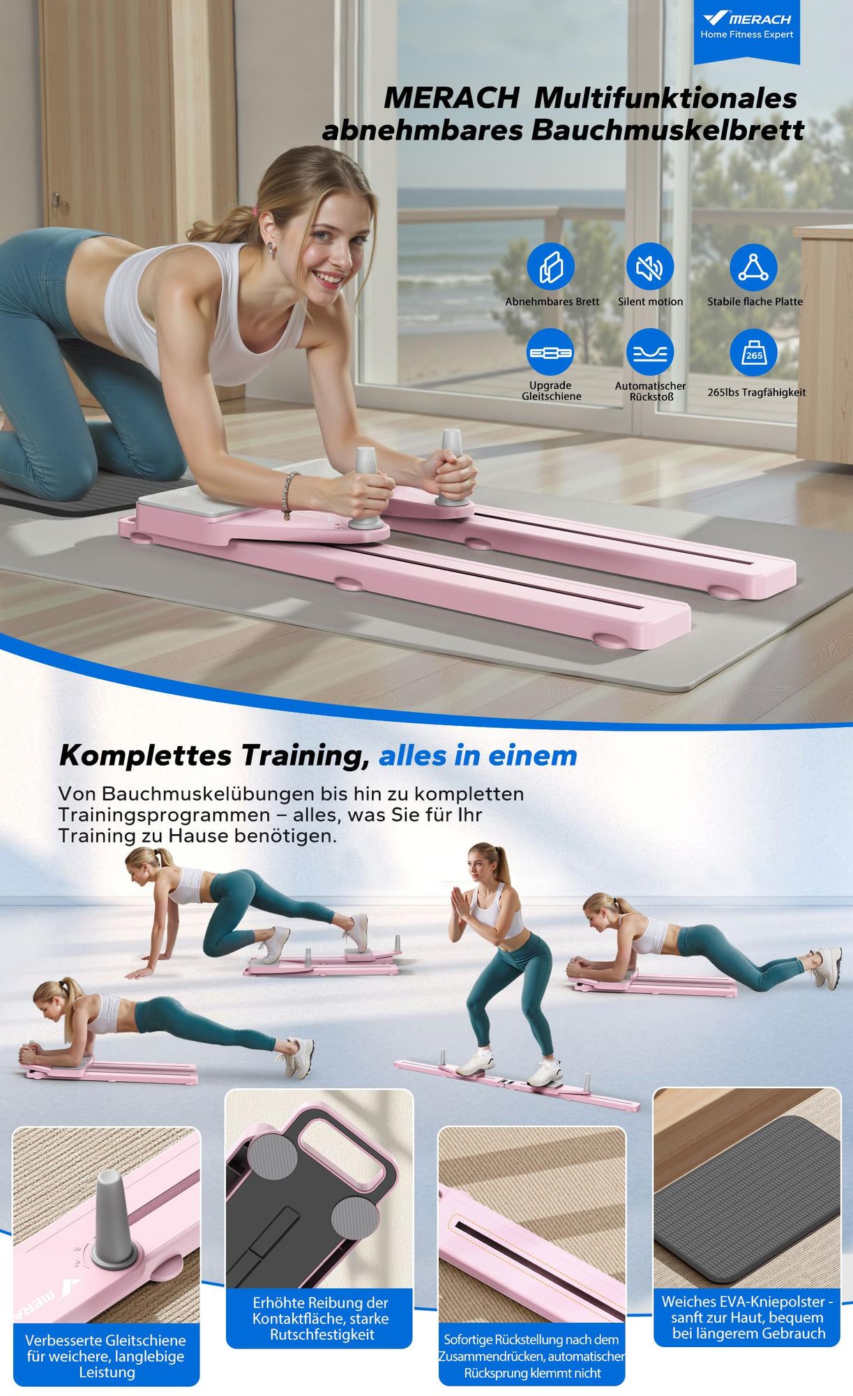 Multitrainer – 4-in-1 Pilates-Board, Push-Up-Bauchmuskel-Roller, Platzsparend, Bauchmuskelübungsgerät für Ganzkörpertraining