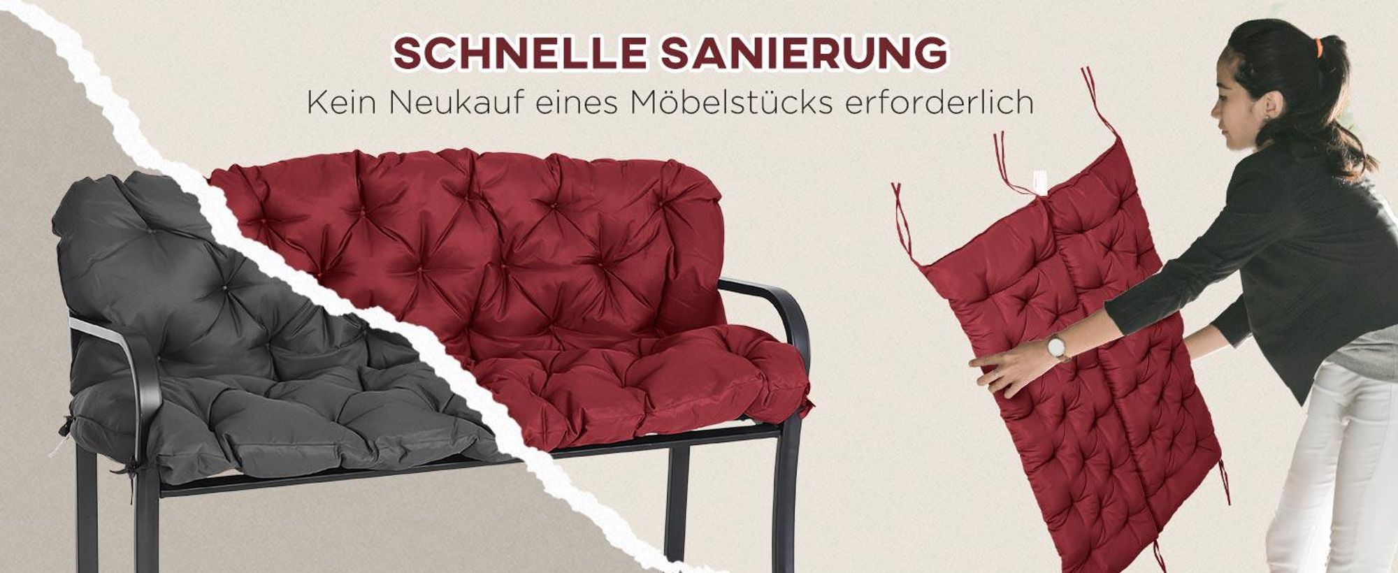 Outsunny 3 Sitzer Bankauflage 150 x 98 x 8 cm, Bankkissen mit Bändern, Sitzkissen, Outdoor/Indoor Stuhlkissen, Sitzauflage, Sitzpolster für Gartenmöbel, Fensterbank Sitzbank, Hollywoodschaukel, Rot