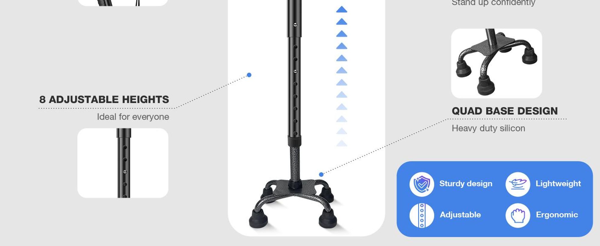 Gehstock, Handstock, Gehhilfe, Rutschfest und Höhenverstellbar, bis 150 kg, mit 4-Zinken-Basis, für Damen & Herren