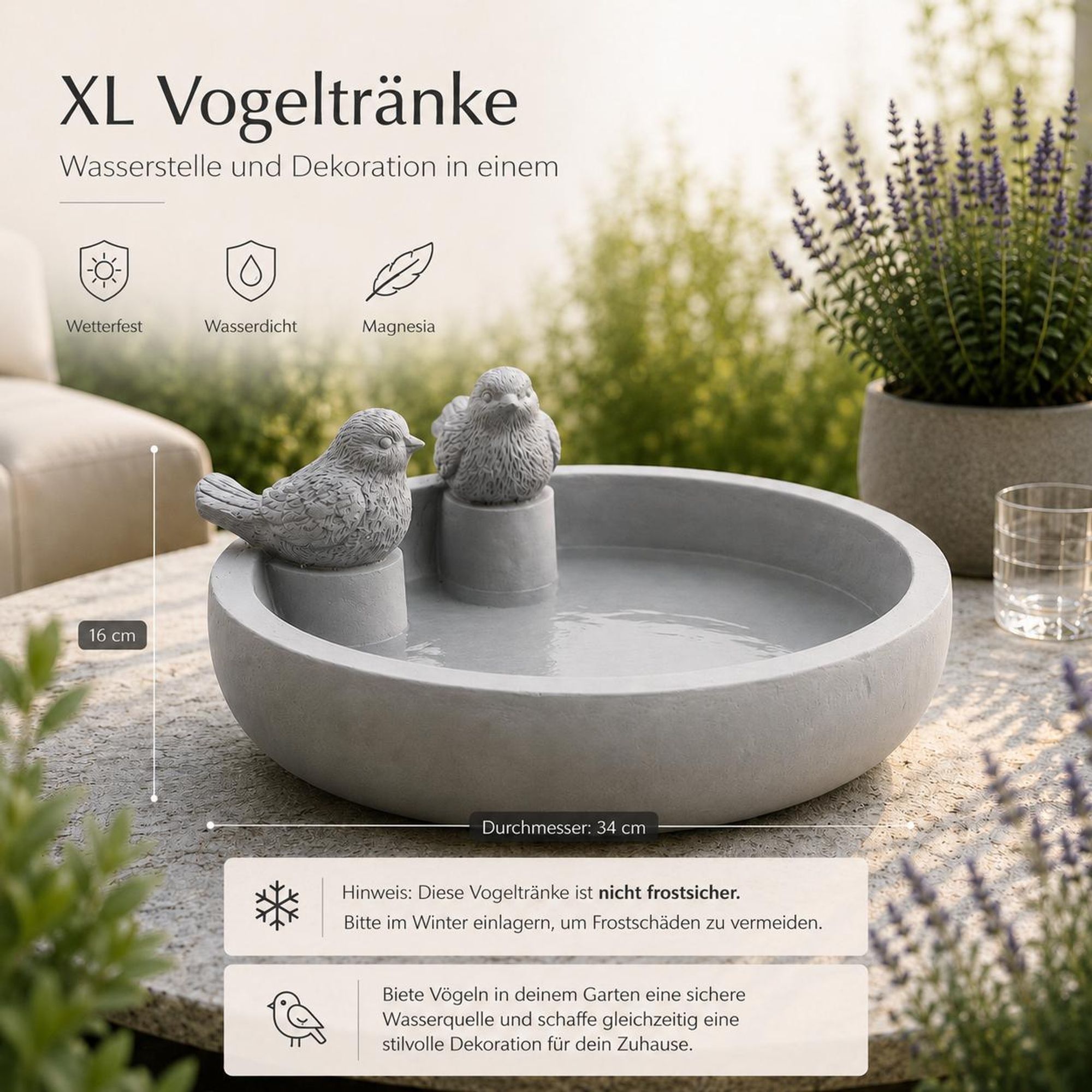 XL Vogeltränke aus Magnesia Ø 34 cm, grau – Vogelbad mit 2 Deko-Vögeln, wetterfest, Futterstelle für Wildvögel, Gartendeko Garten, Terrasse & Balkon