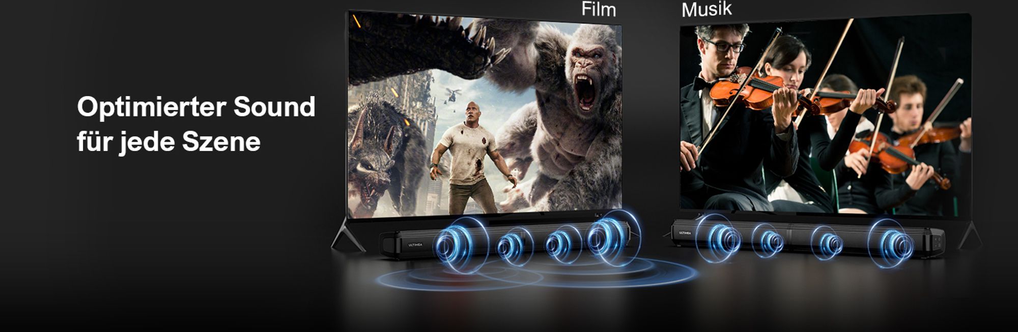 ULTIMEA Soundbar für TV Geräte, teilbare 2-in-1 Soundbar 100W Bluetooth® 5.3, TV-Lautsprecher mit 3 EQ-Modi und verstellbarem Bass, ARC/Optisch/Aux