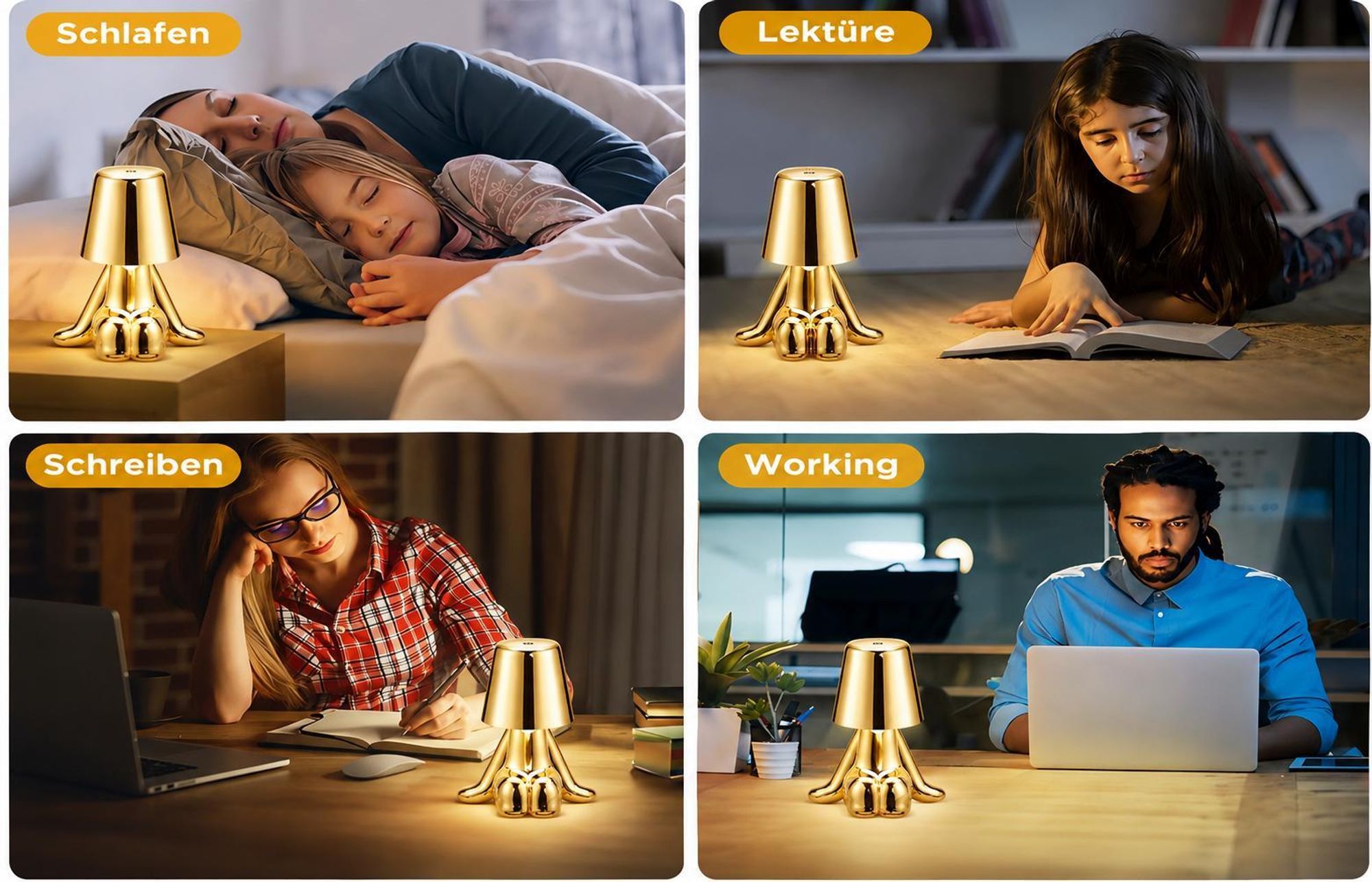 Thinker-Statue LED Nachttischlampe mit Touch-Steuerung,USB-Aufladung,3 Helligkeitsstufen,Kabellose Dimmbare Tischlampe,Dekorative Nachtlicht,(Gold D)