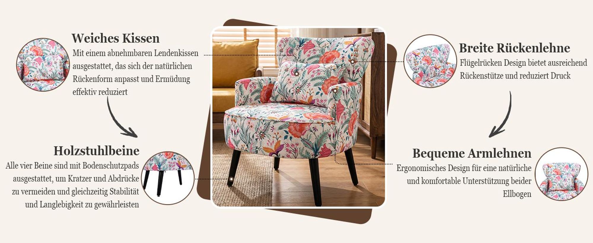 Ohrensessel Bunt, Vintage Sessel Wohnzimmer mit Holzbeinen Ohrensessel Vintage, ergonomischer Sessel mit geometrischem Muster für Schlafzimmer