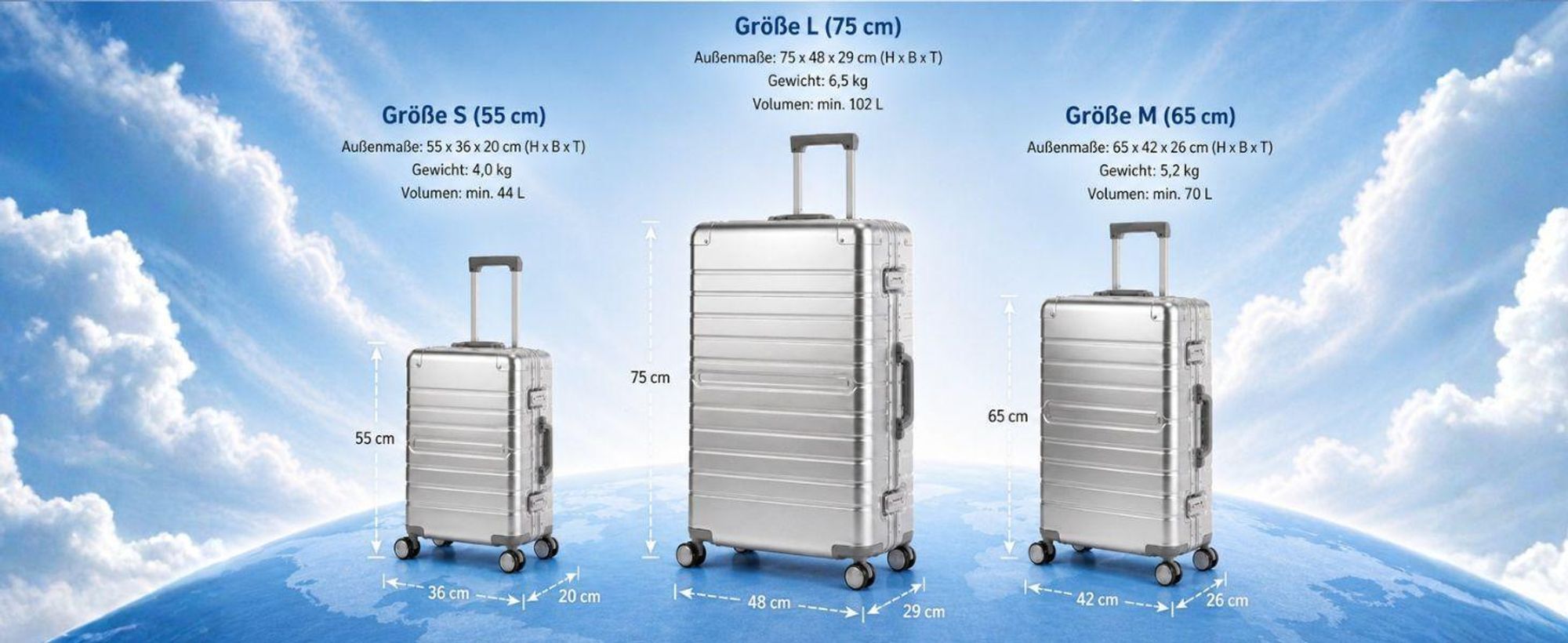 Stabiler Aluminium Kabinentrolley mit verstärkten Aluminiumecken