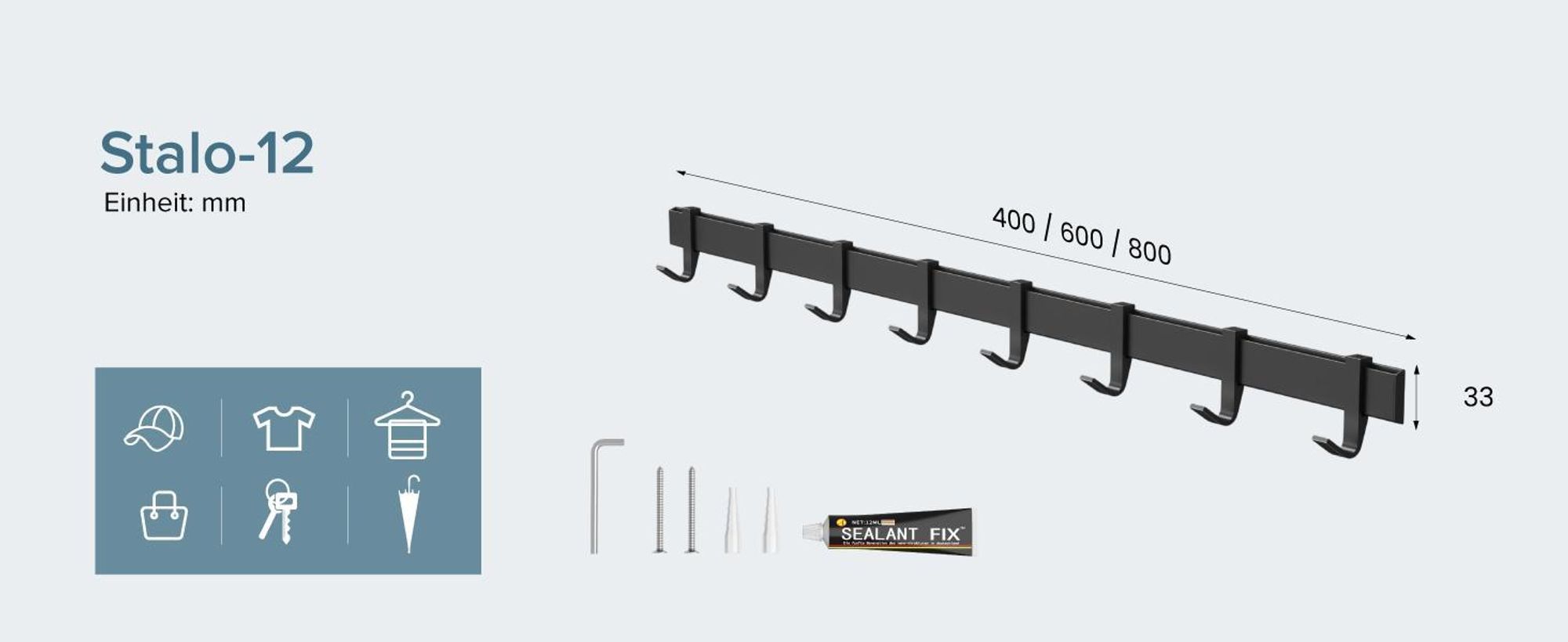 doporro Garderobenhaken Aluminium, 6 Verschiebbare Wandhaken, selbstklebend & stabil, Kleiderhaken Wand für Jacken und Handtücher Matt Schwarz Stalo-12