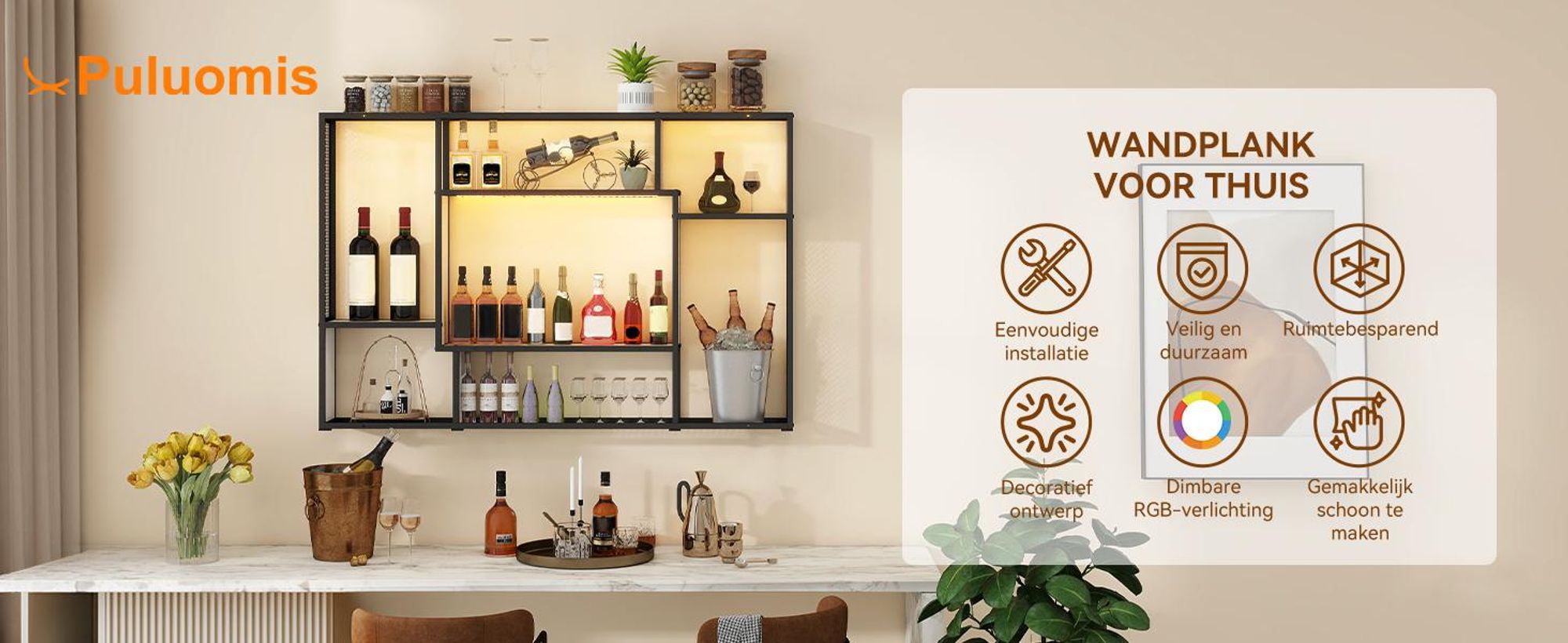 Puluomis wandplank met RGB-verlichting, 120 cm, MDF-houten plank en metalen frame, maximaal 20 kg draagvermogen per vak, geschikt voor wandmontage of als staande plank, wit
