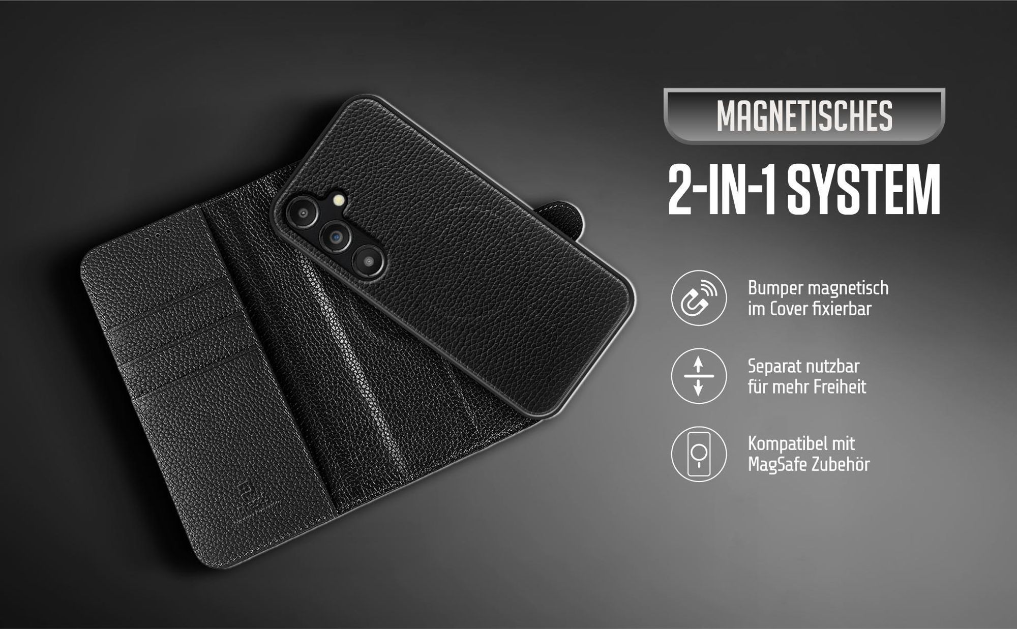 Schwarze Lederhülle mit abnehmbarem Bumper für das Samsung Galaxy S25