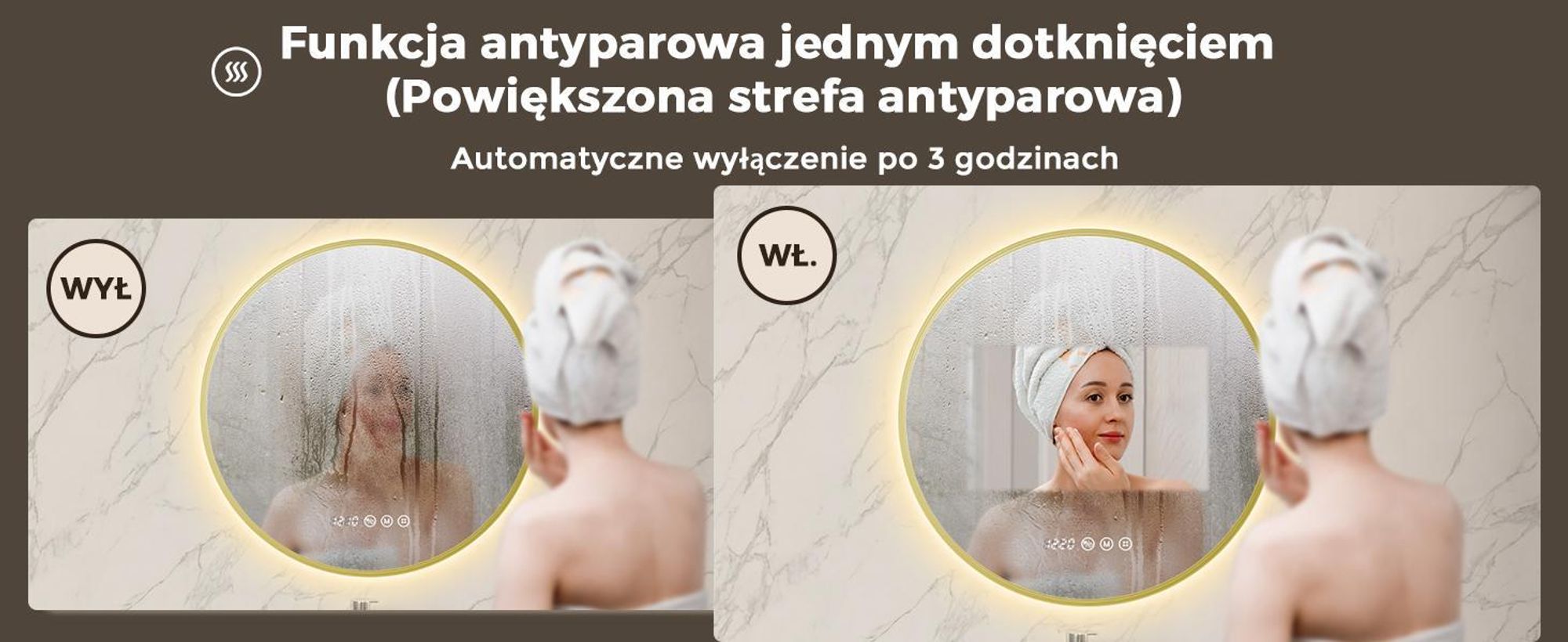 S'AFIELINA Lustro Łazienkowe LED 70 cm, Okrągłe, Złota Rama, 3 Barwy Światła, Regulacja Jasności, Antypara, Zegar, Wyświetlacz Temperatury