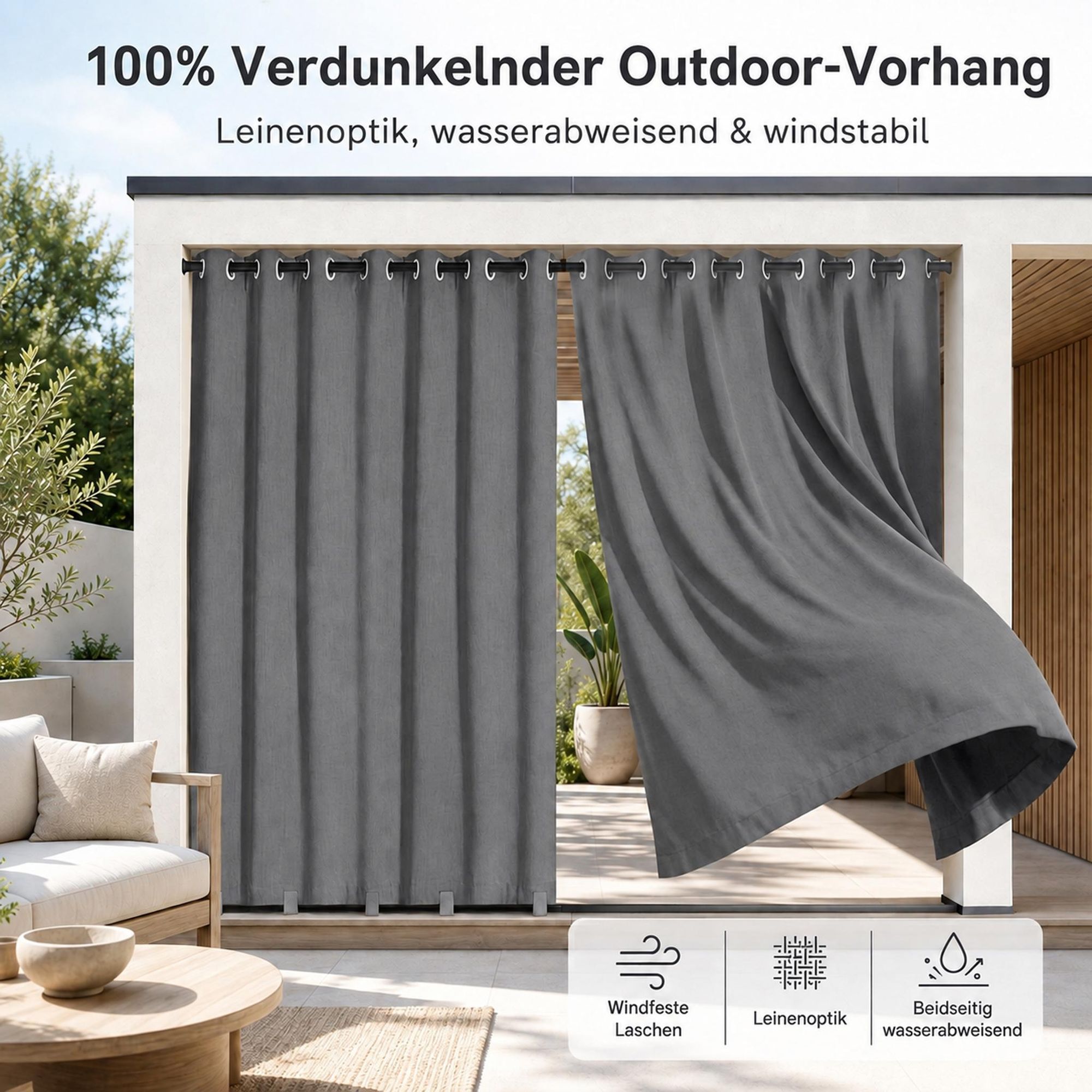 Outdoor Vorhang mit Ösen Grau 254 x 244 cm Winddicht Thermo Gardine Extra Breit 100% Verdunkelung UV Schutz Blickdicht Balkonvorhang für Pavillon Terrasse