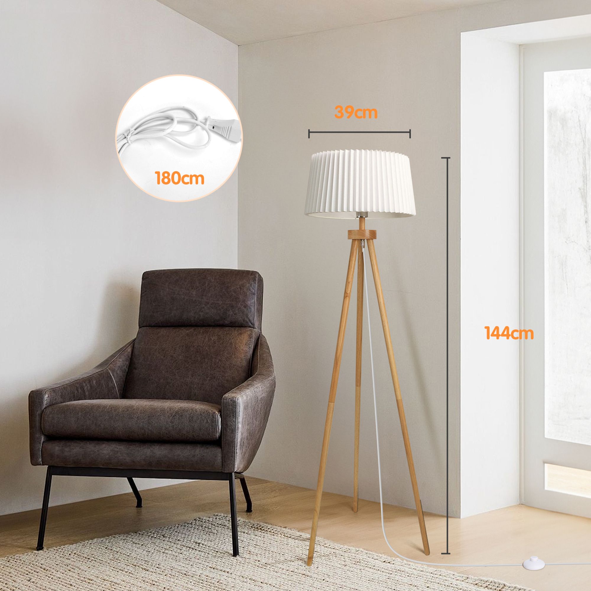 Aigostar stehlampe wohnzimmer, LED stehlampe dreibein holz vintage mit Plissee leinen lampenschirm und fußschalter, Weiß, ohne Glühbirne
