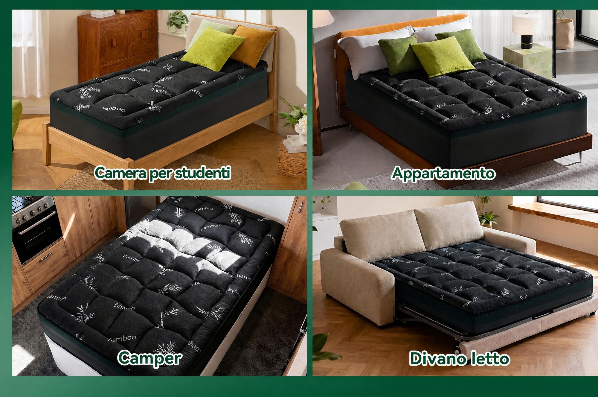 NicePlus, materasso topper 2-in-1, 140x200x7 cm, con imbottitura in memory foam a 5 zone e strato superiore in bambù, dotato di angoli elasticizzati per adattarsi a tutti i tipi di materasso, livello di comfort H2/H3, colore nero